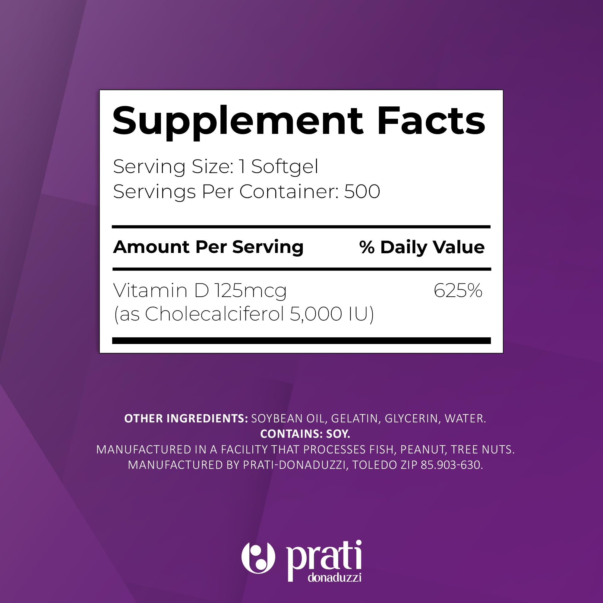Prati Donaduzzi Vitamin D3 Extra Strength 5000 IU Softgels bottle with cap open