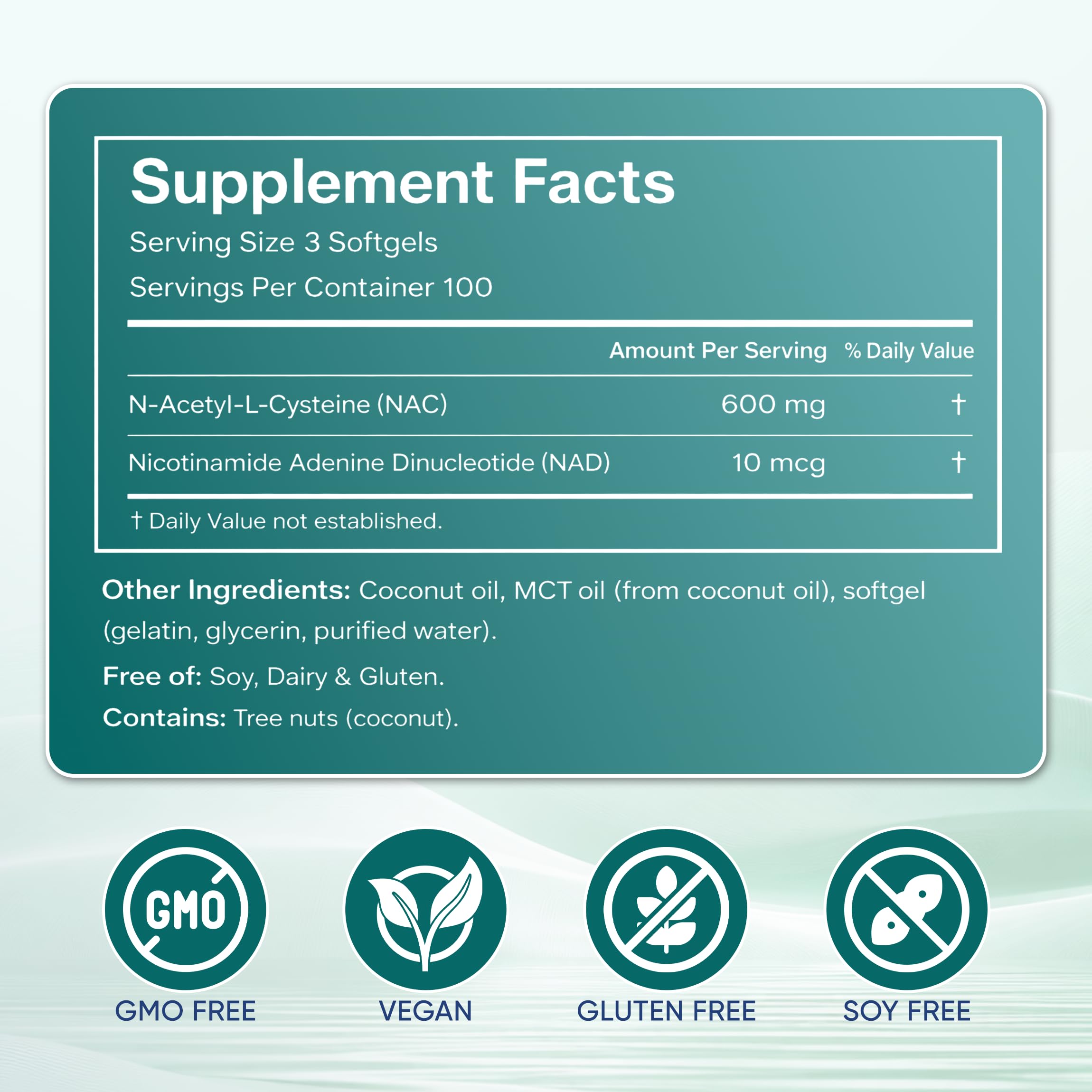 PRCYZO NAC Capsules 600mg side view showing supplement facts