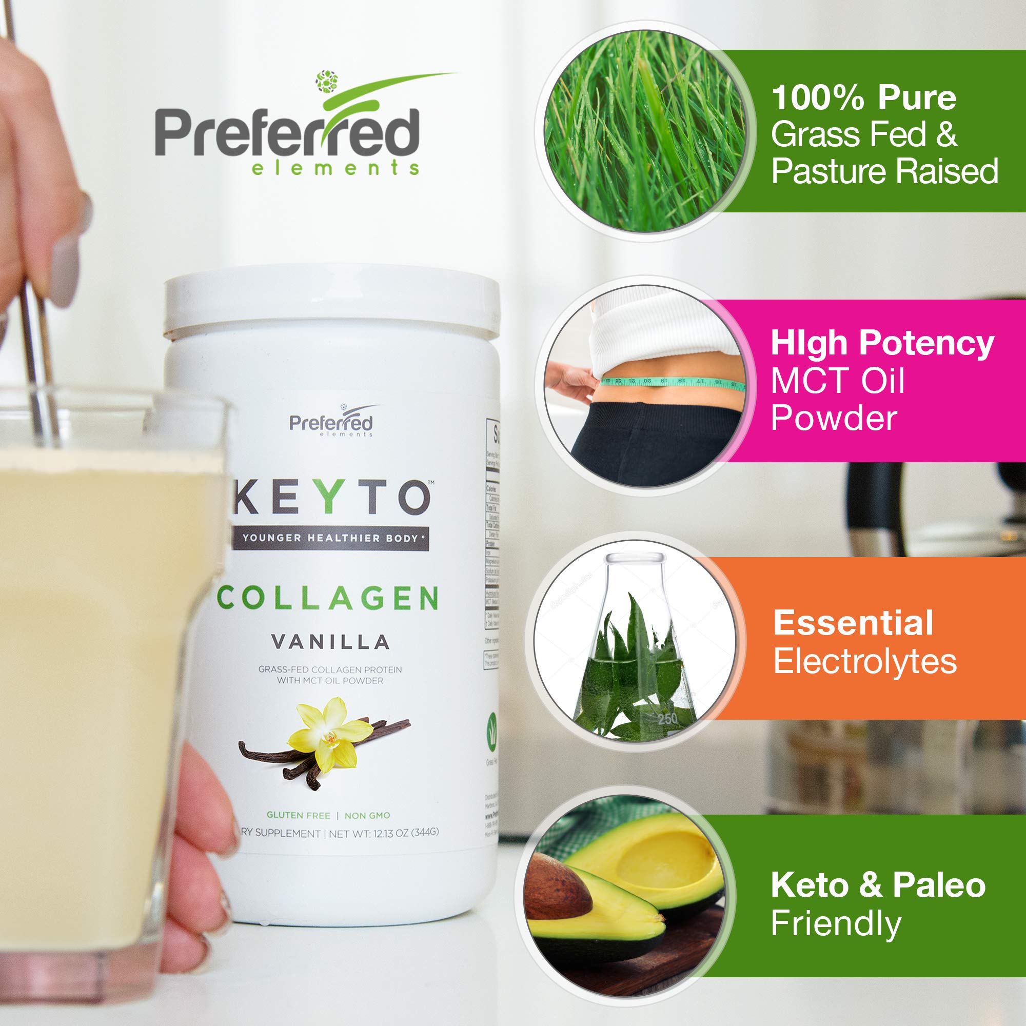 Preferred Elements Collagen Protein Powder side view showing nutritional information