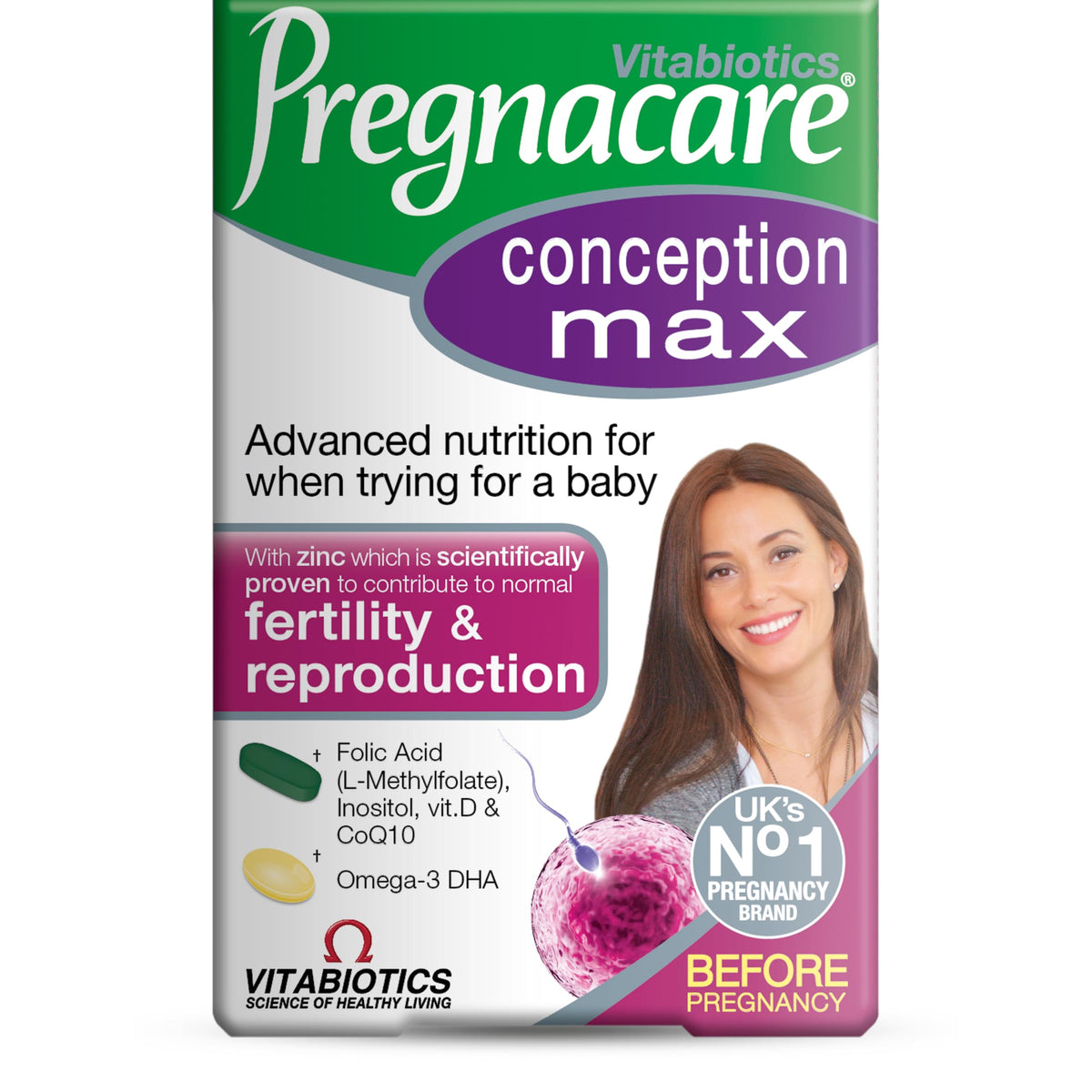 Pregnacare Conception Max Multivitamins front view with Omega-3 Fish Oil