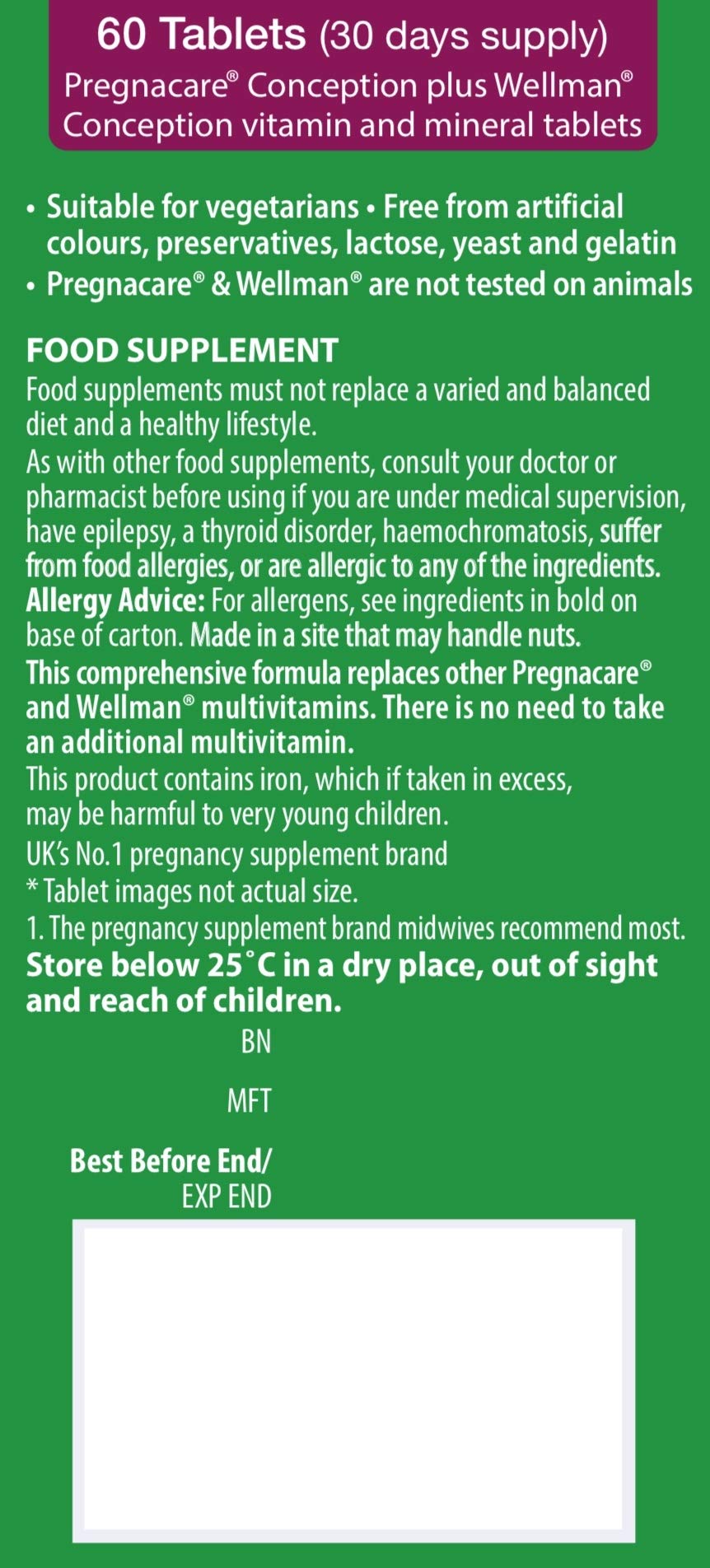 Pregnacare Conception tablet ingredients list on packaging
