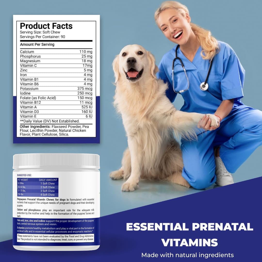 PREGNAPAWS Prenatal Vitamins for Dogs soft chews with a dog