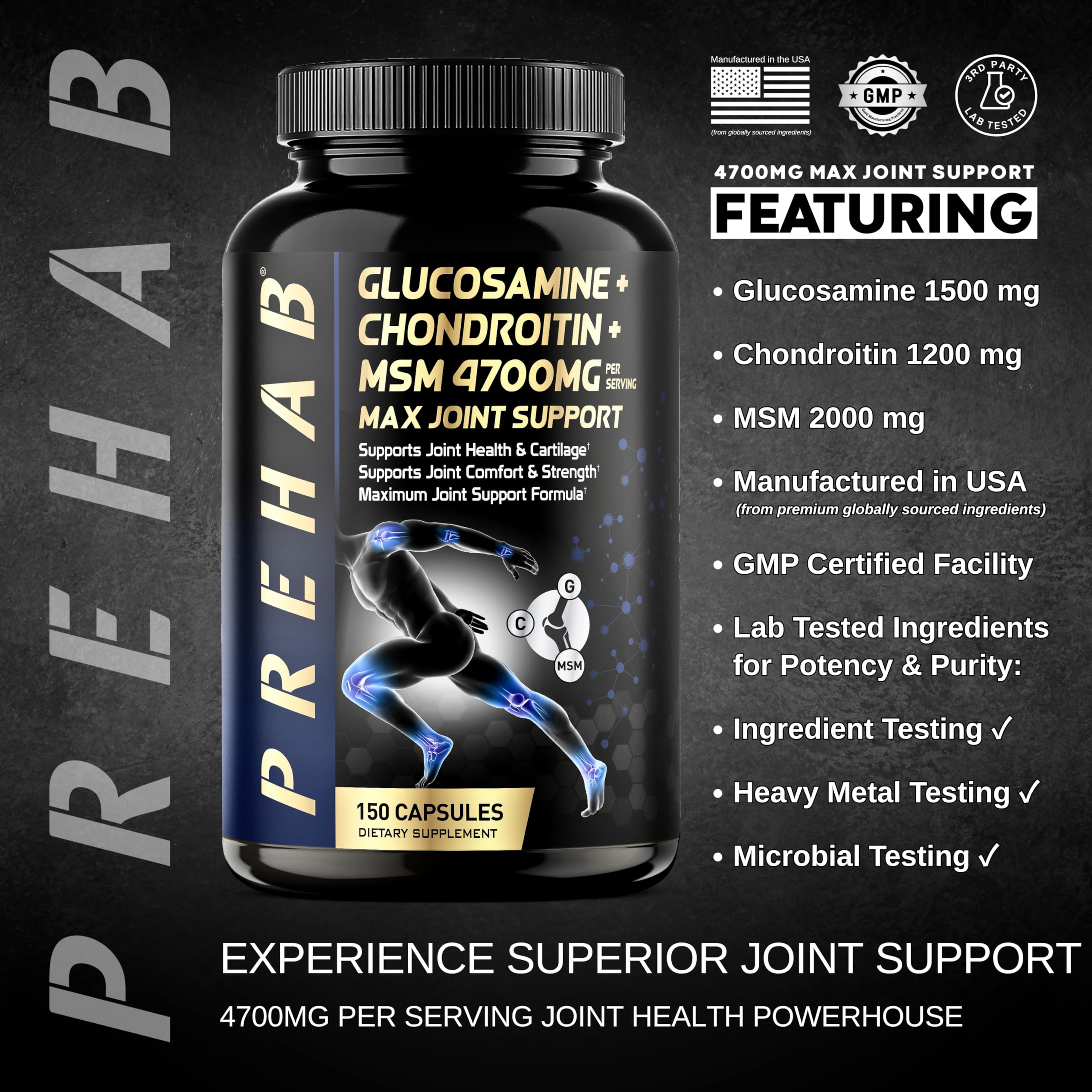 PREHAB Glucosamine Chondroitin MSM supplement side view
