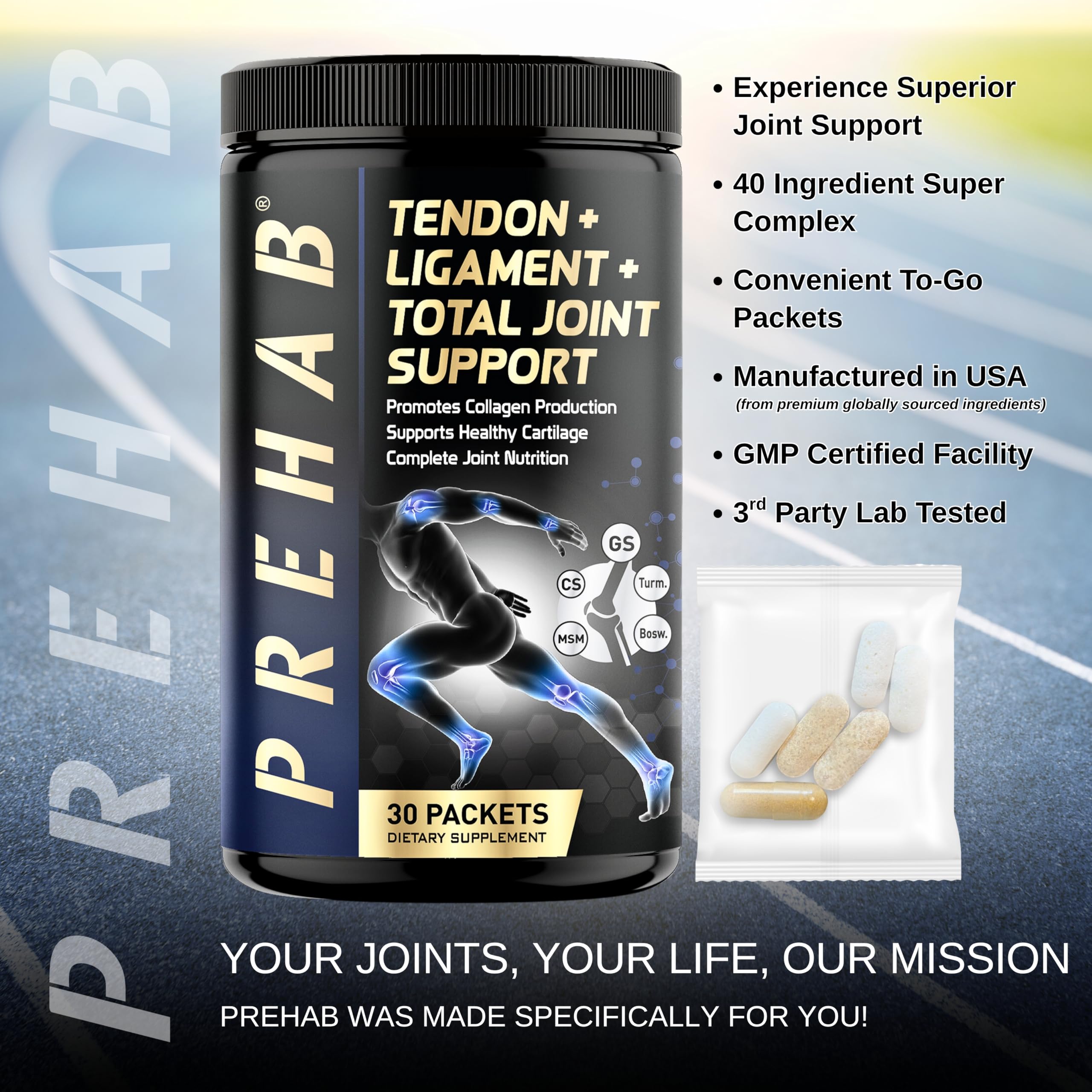 PREHAB Total Joint Support supplement in a gym bag for active users