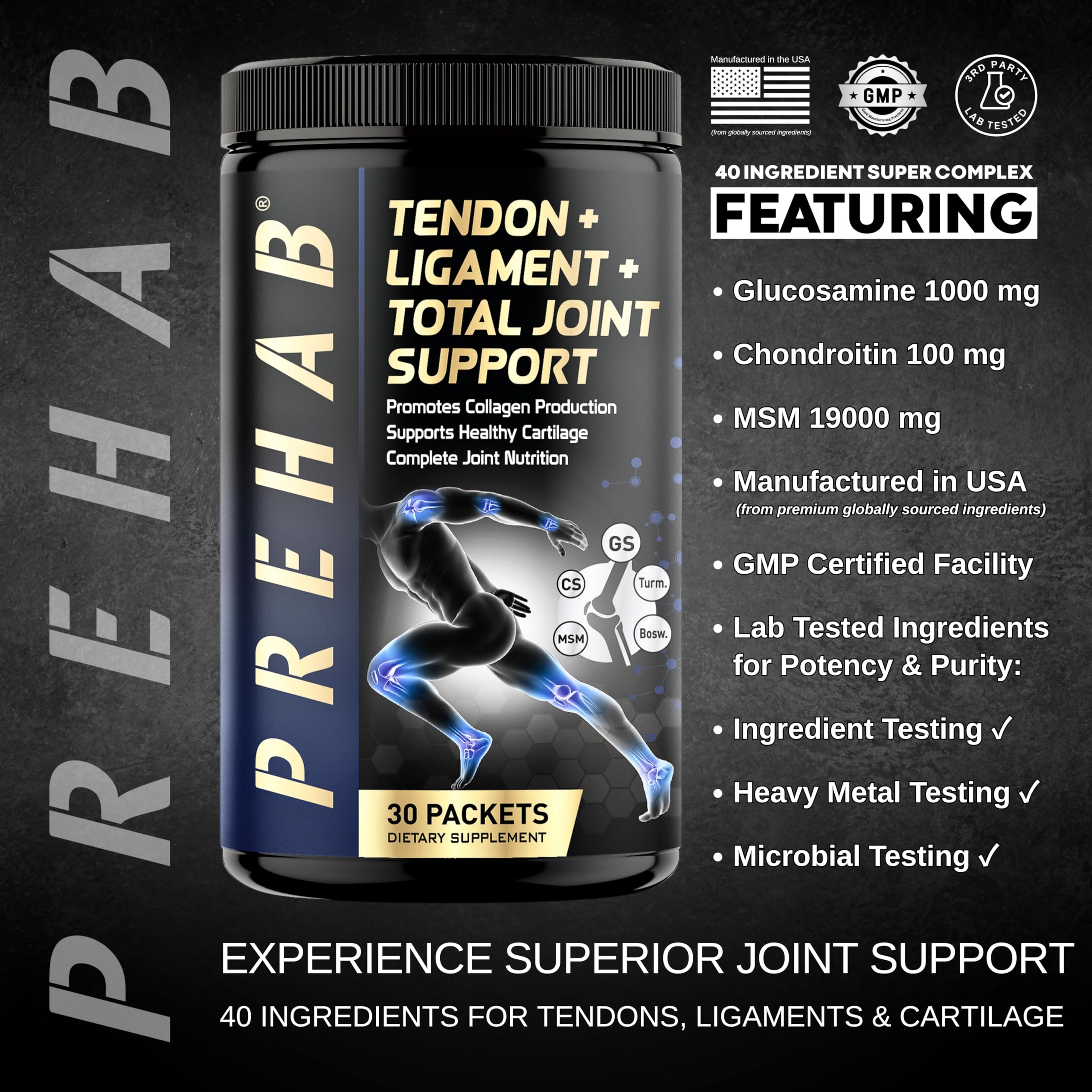 PREHAB Total Joint Support supplement side view showing packet contents