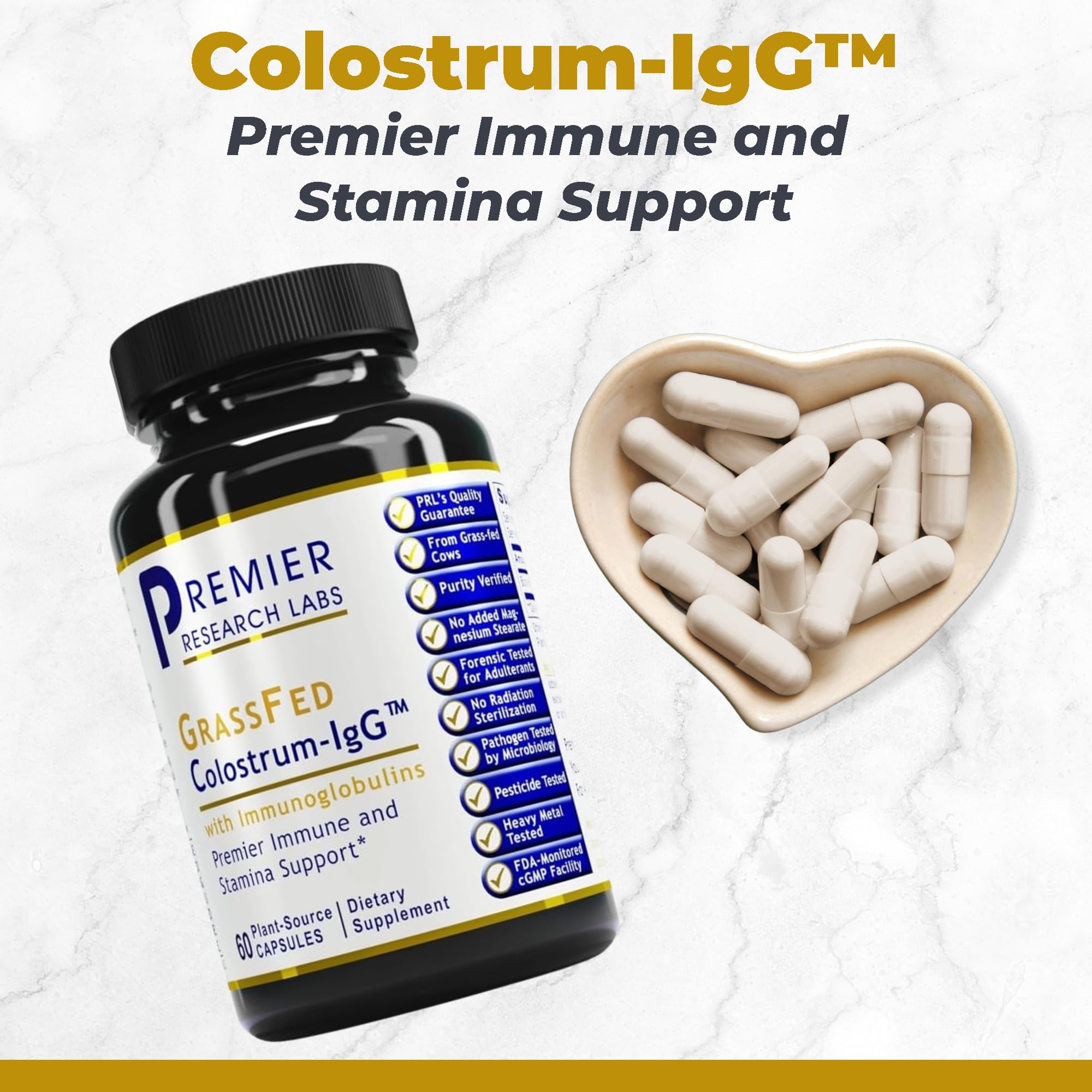 Premier Research Labs Colostrum Capsules side view with label