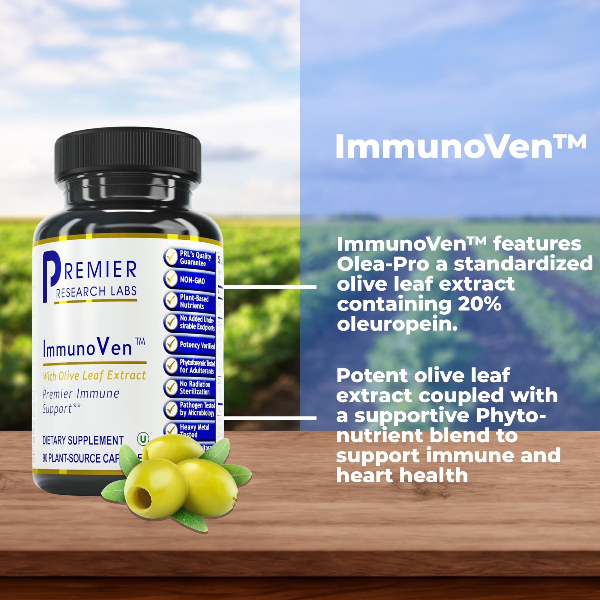 Premier Research Labs Olive Leaf Extract 255mg supplement side view