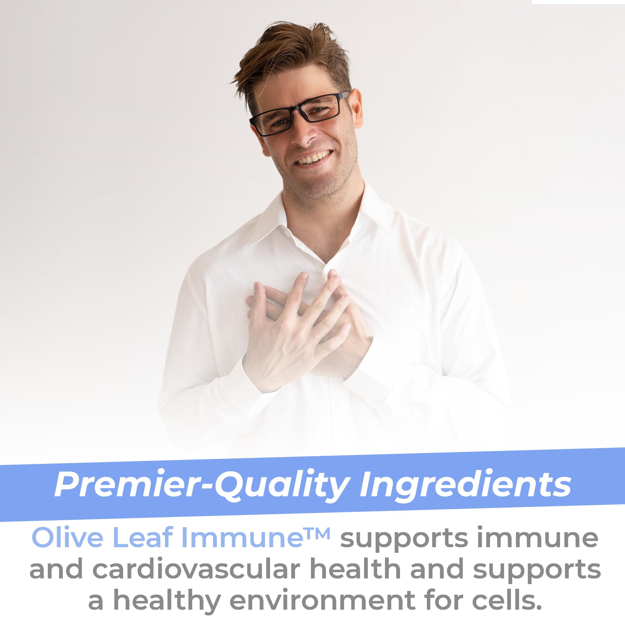 Premier Research Labs Olive Leaf Extract 500mg Capsules on a wooden table