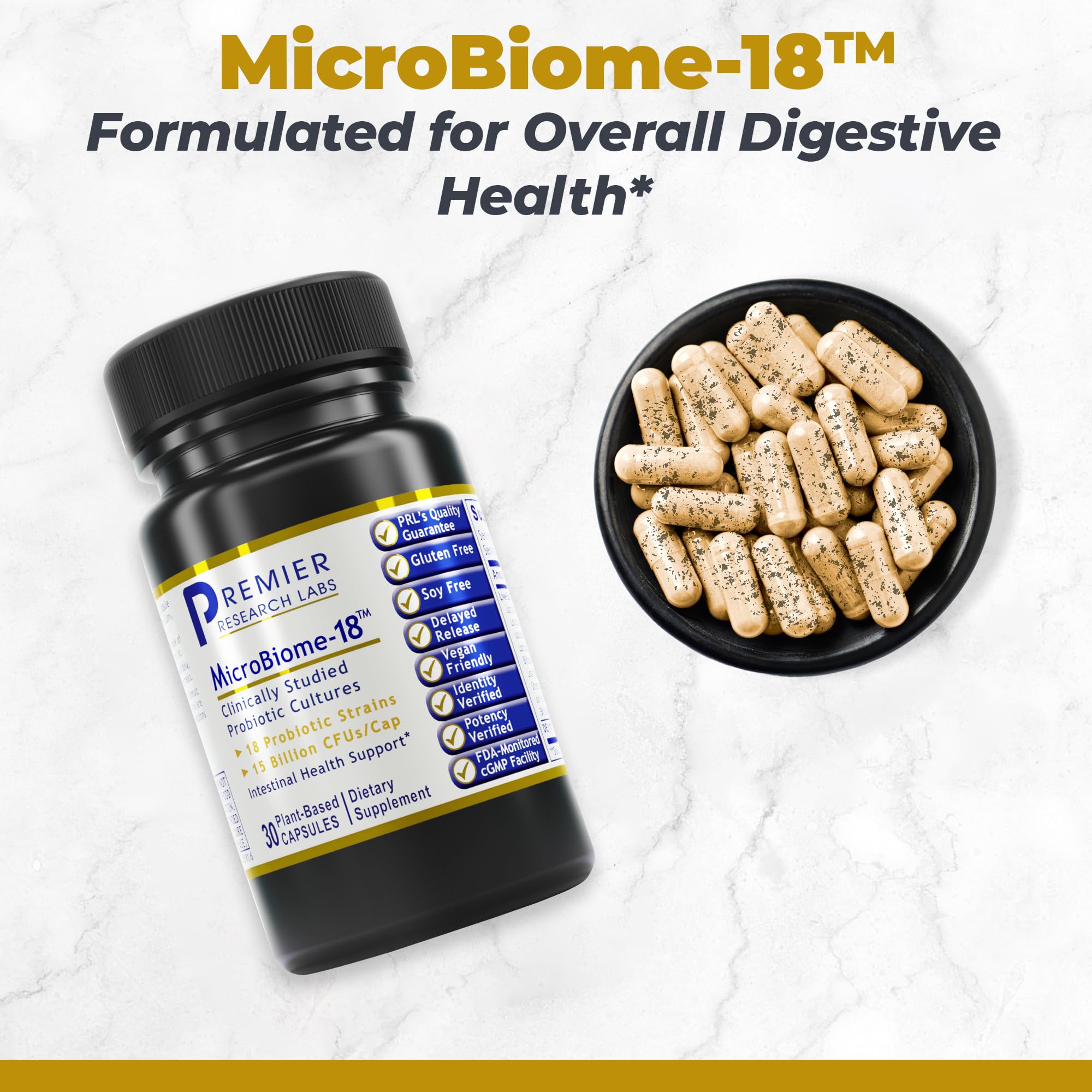 Premier Research Labs Probiotic Supplement side view showing capsule details