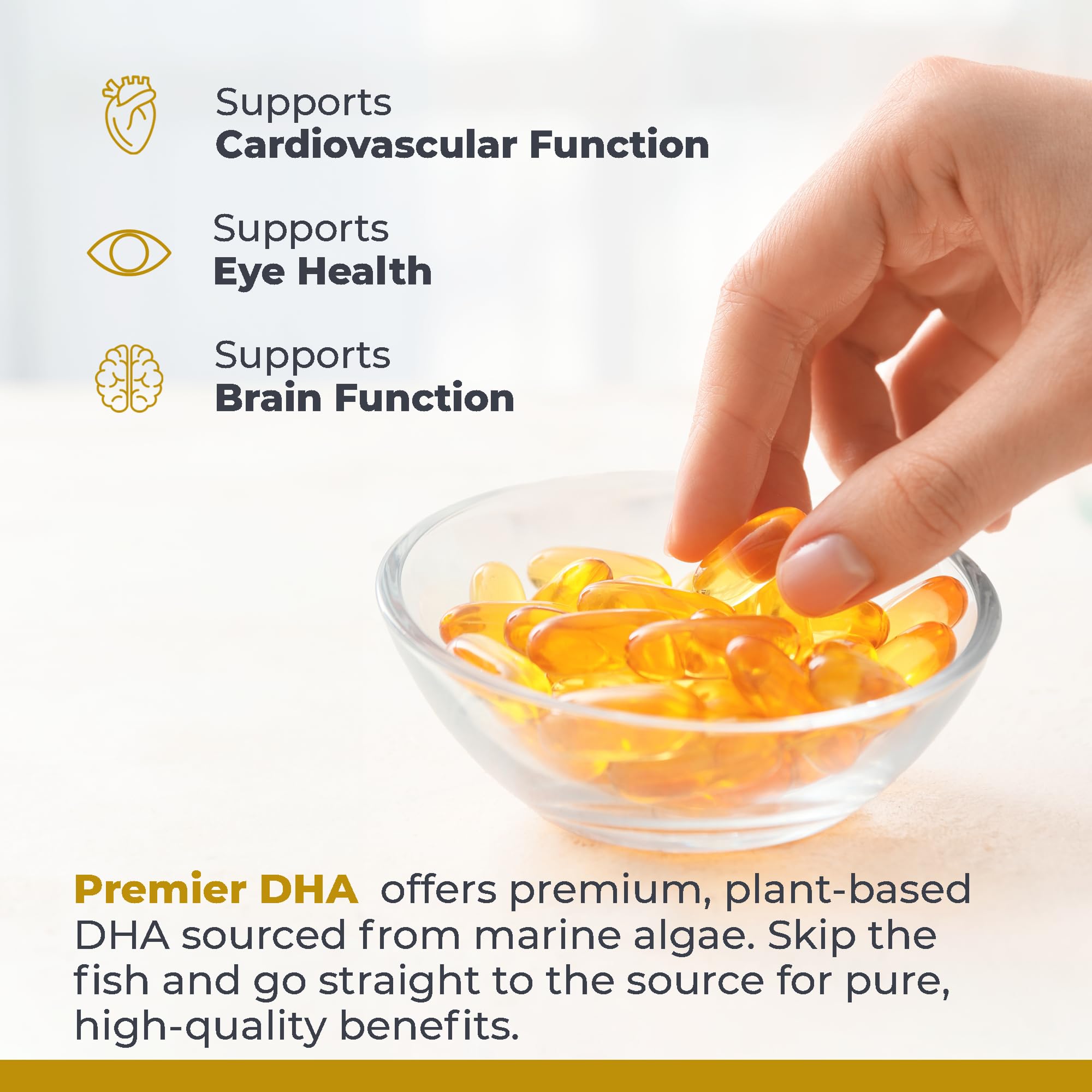 Premier Research Labs Vegan DHA supplement displayed with natural ingredients