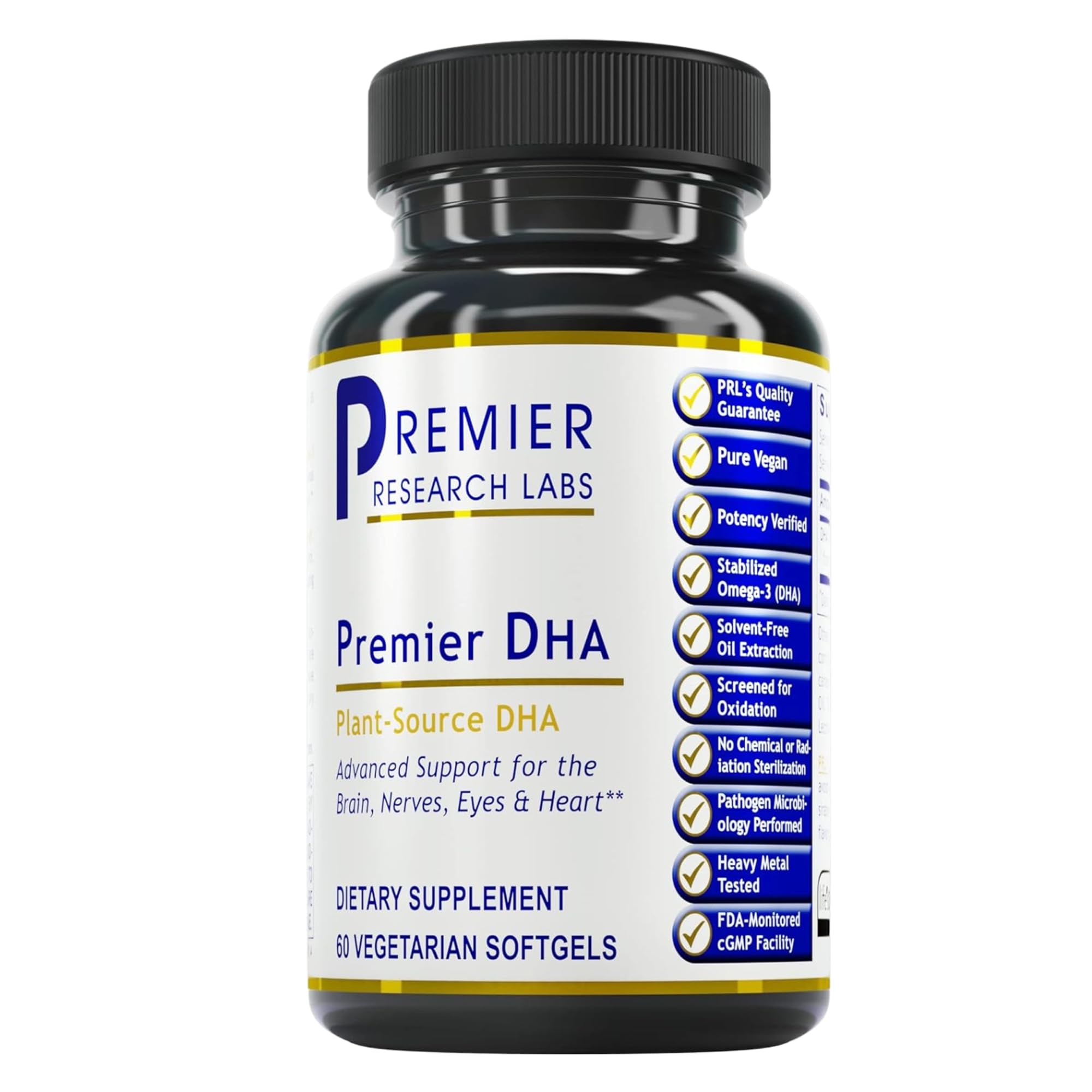 Premier Research Labs Vegan DHA supplement front view with packaging