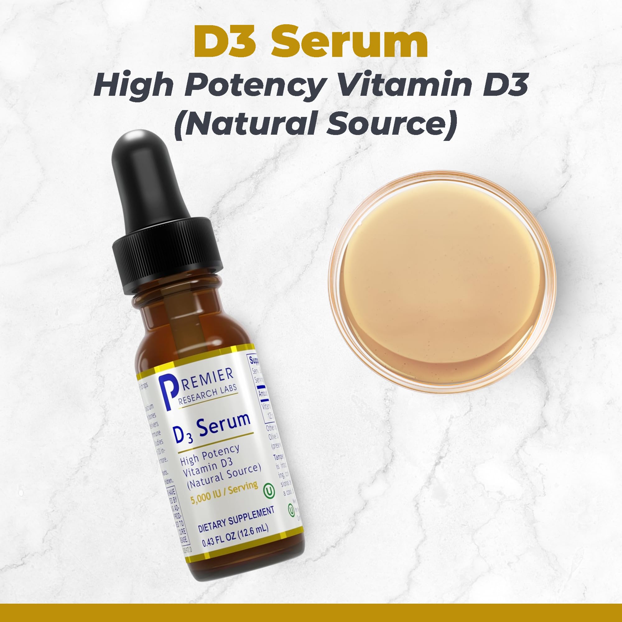 Premier Research Labs Vitamin D3 Serum 5000 IU bottle with dropper