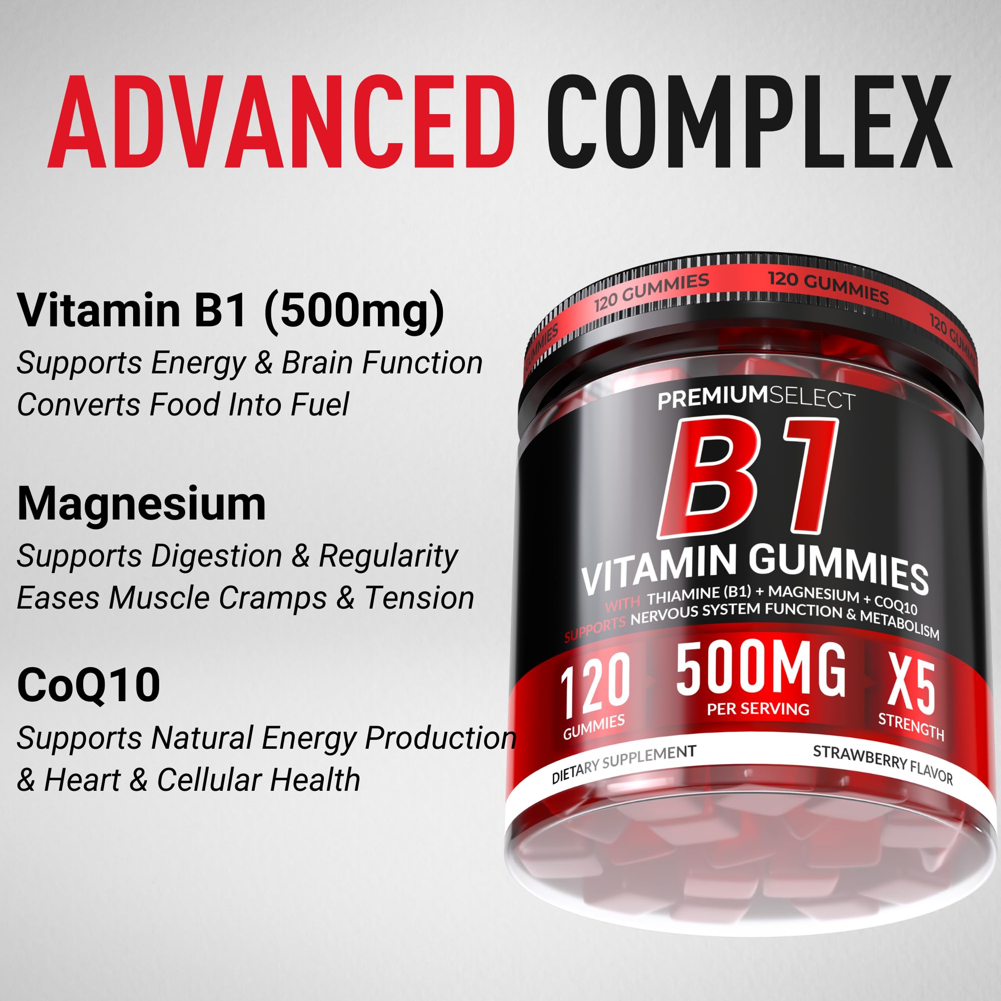 Premium Select Nutrition Vitamin B1 Gummies 500mg bottle with label