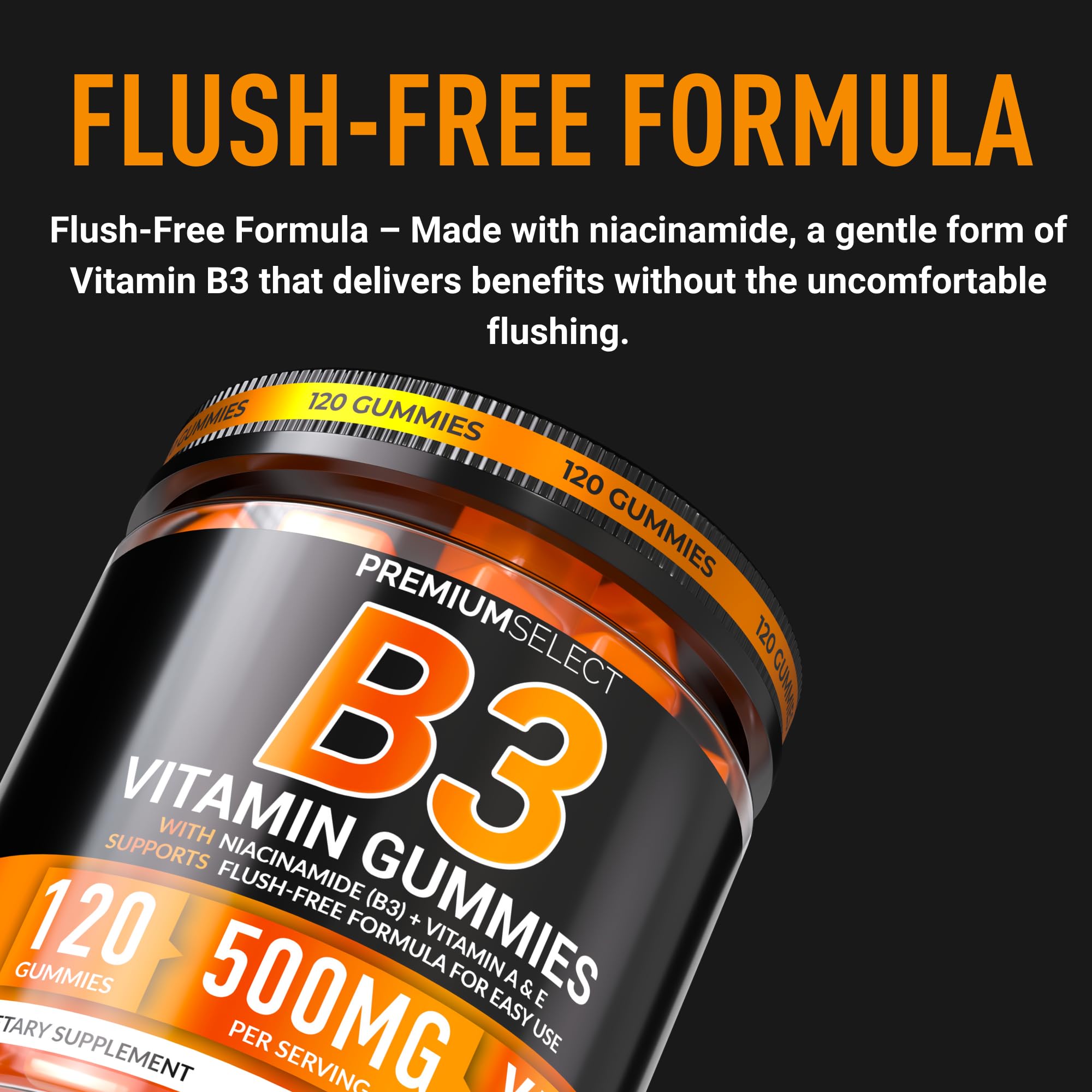 Premium Select Nutrition Vitamin B3 Gummies 500mg bottle with a clean background