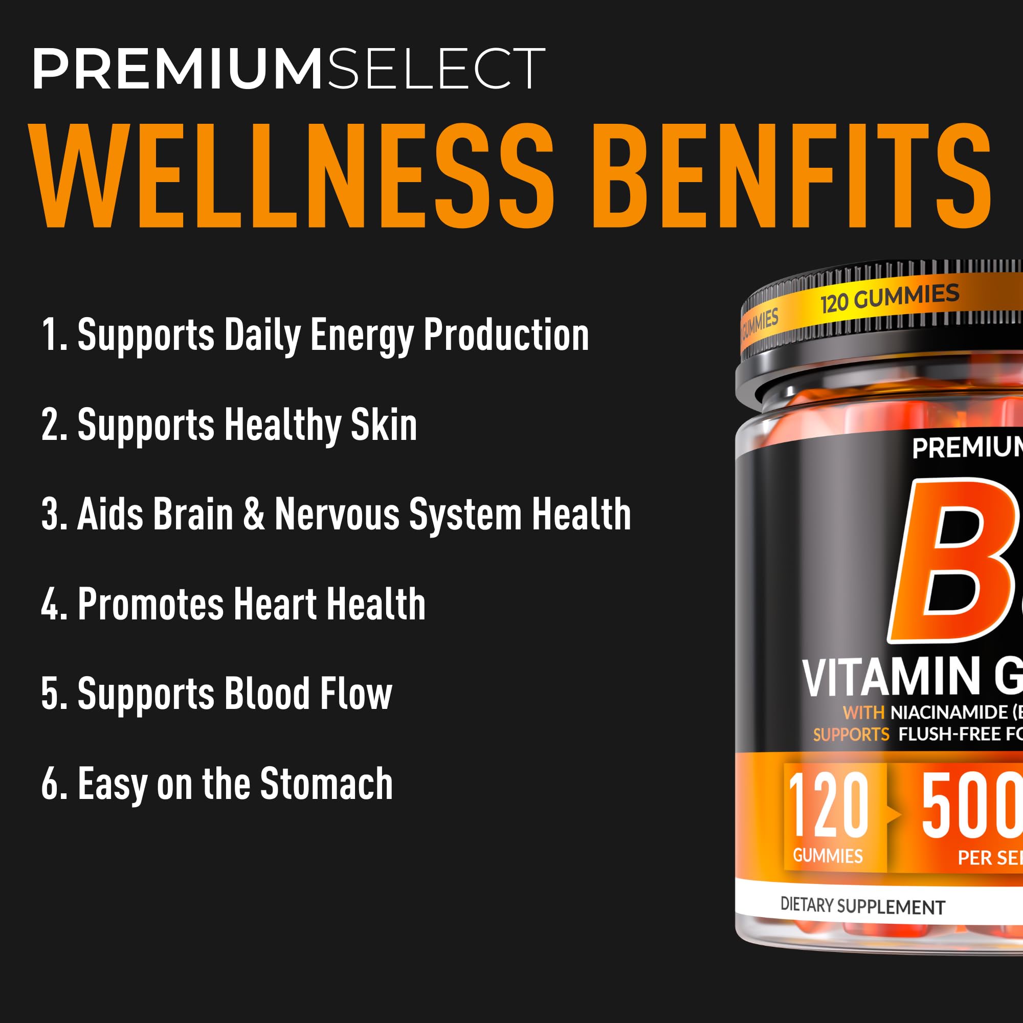 Premium Select Nutrition Vitamin B3 Gummies 500mg nutrition facts label