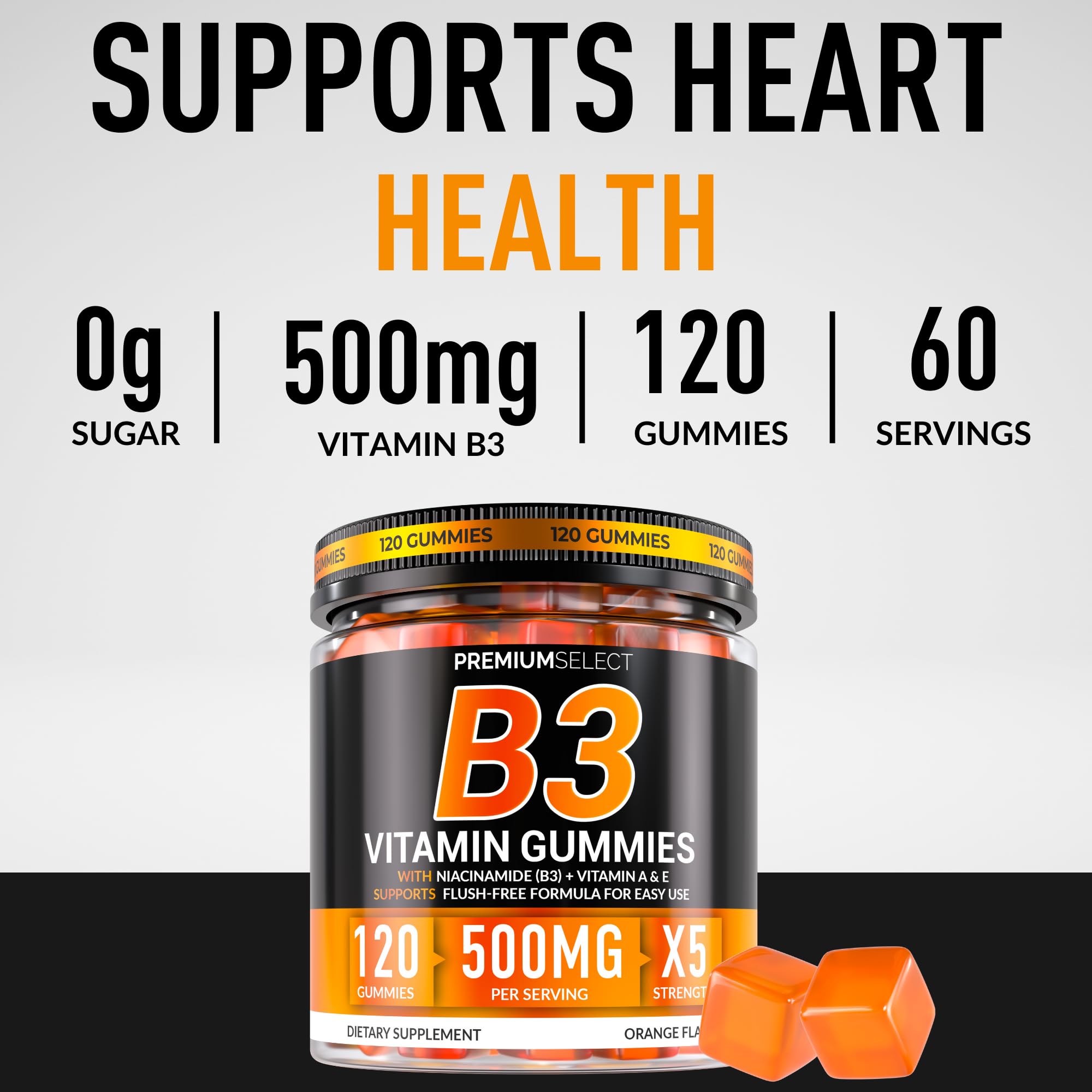 Premium Select Nutrition Vitamin B3 Gummies 500mg orange-flavoured gummy close-up