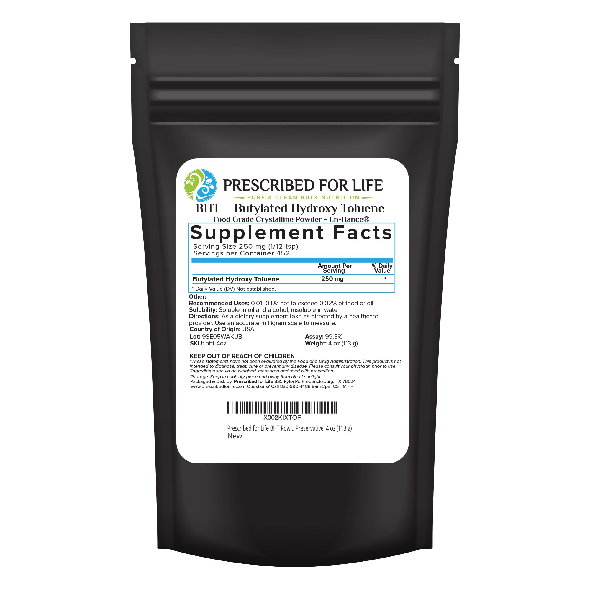 Prescribed For Life BHT Powder 128g front view packaging