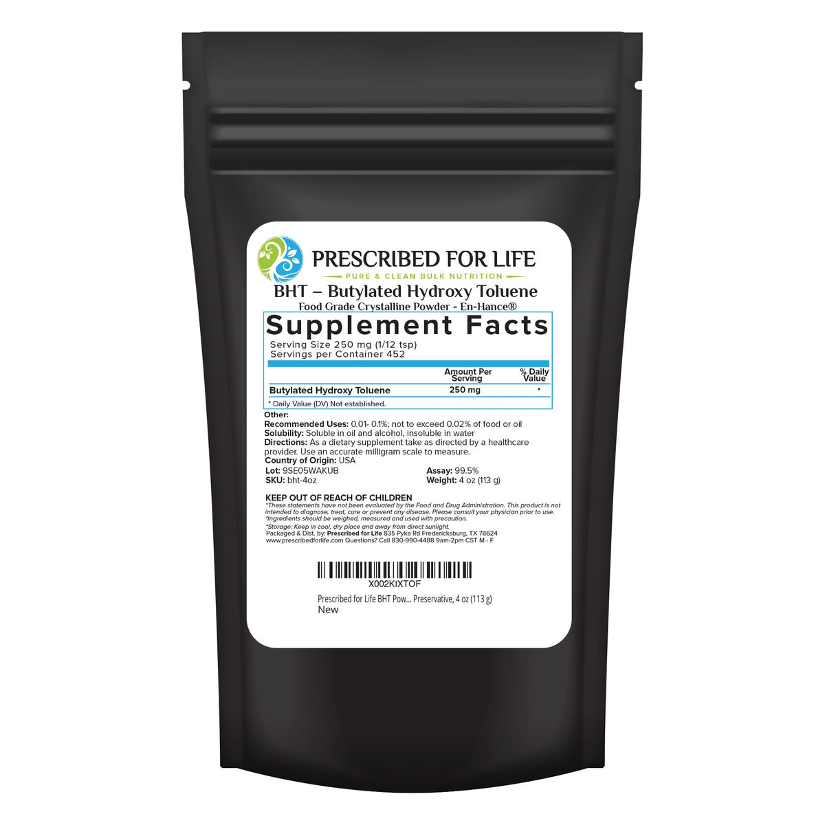 Prescribed For Life BHT Powder 128g front view packaging