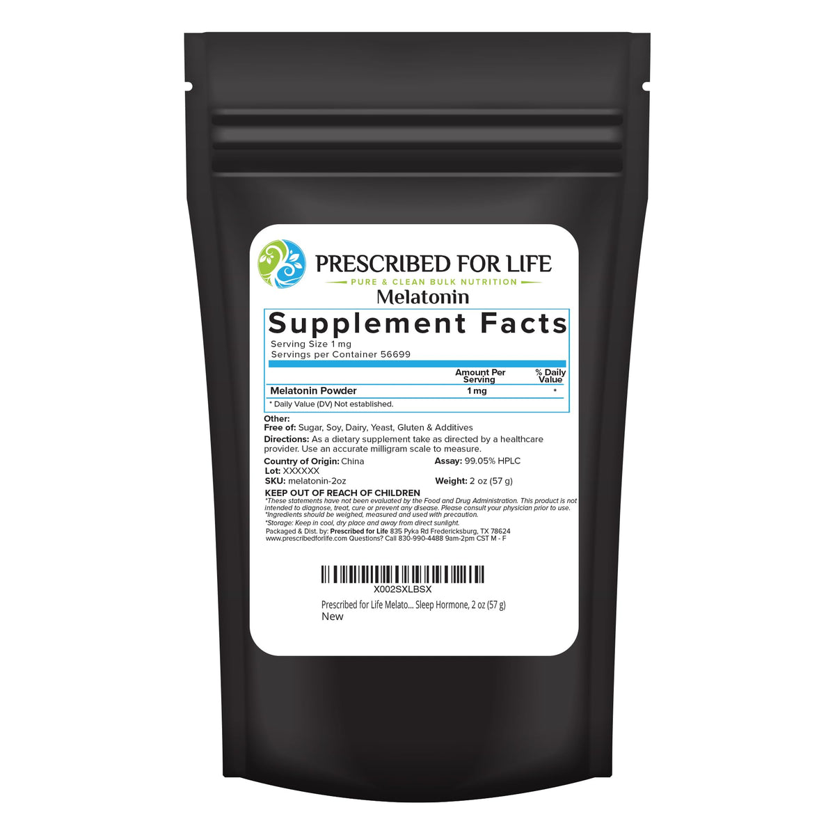 Prescribed For Life Melatonin Powder 2oz front view