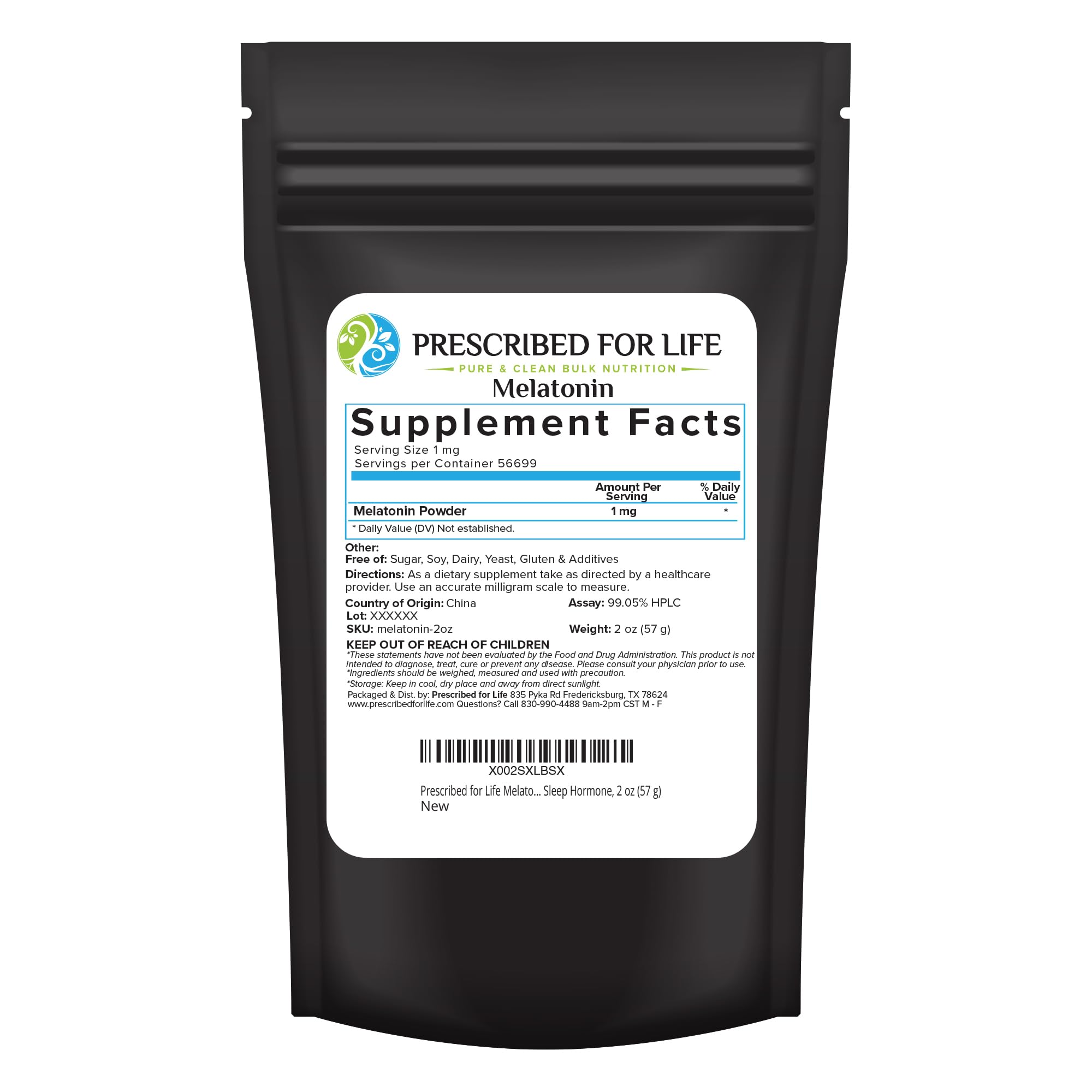 Prescribed For Life Melatonin Powder 2oz front view