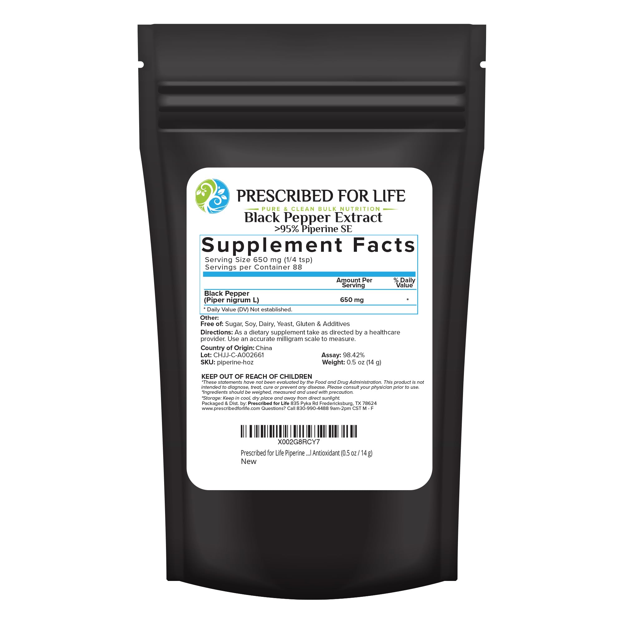Prescribed For Life Piperine Powder 100% Pure 18g front view