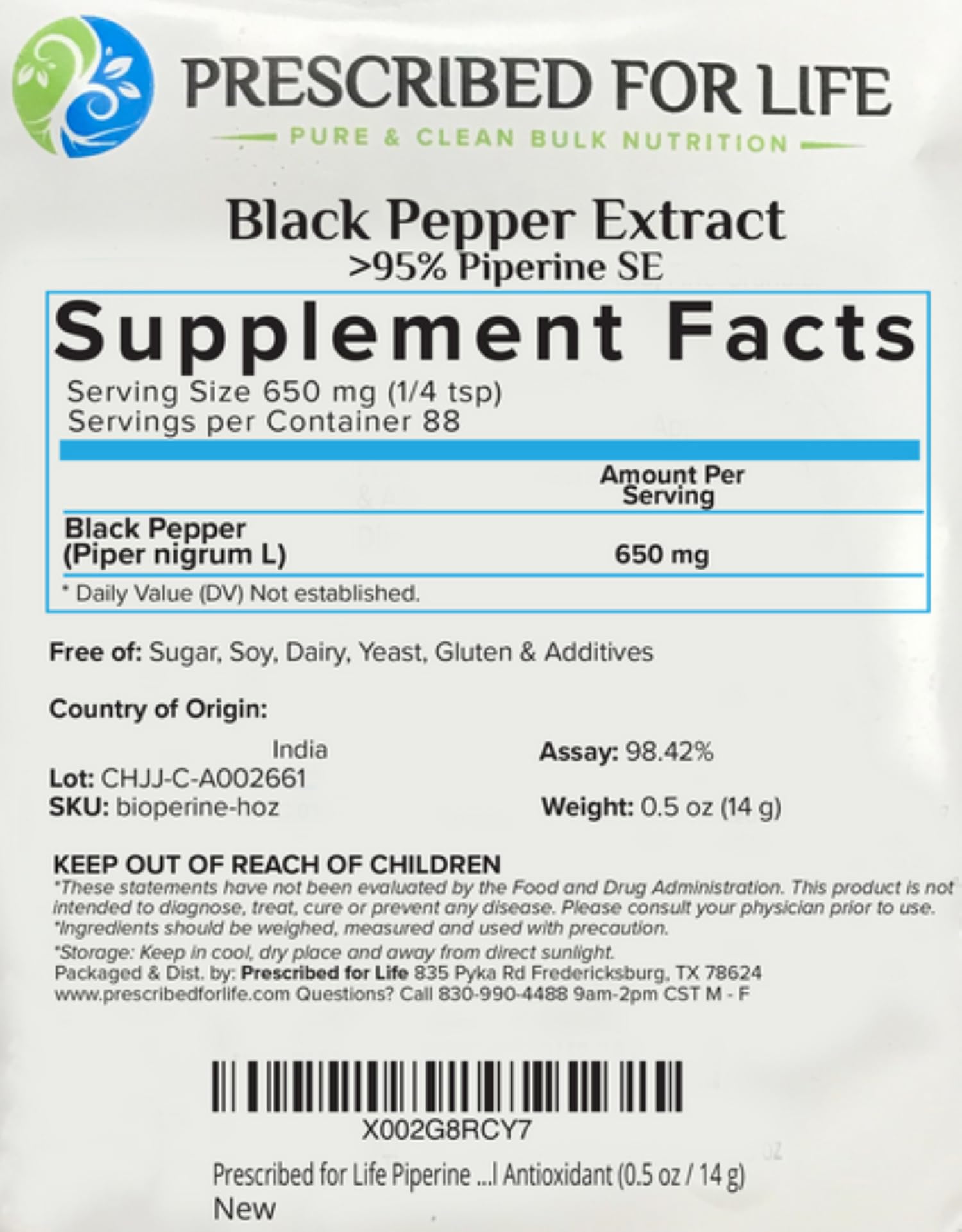 Prescribed For Life Piperine Powder 100% Pure packaging