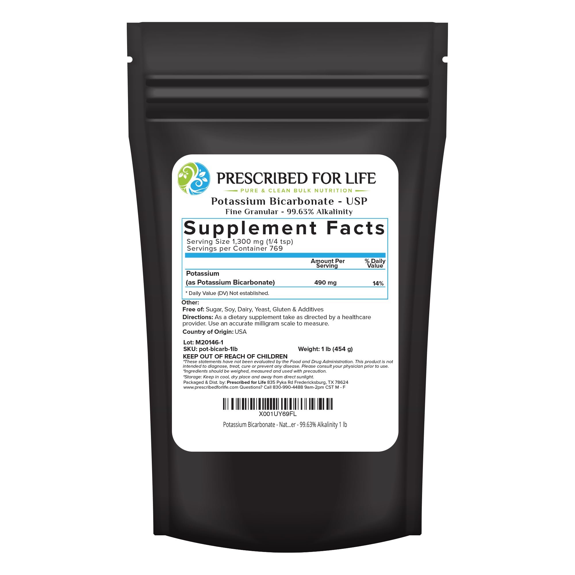 Prescribed For Life Potassium Bicarbonate Powder 454g front view