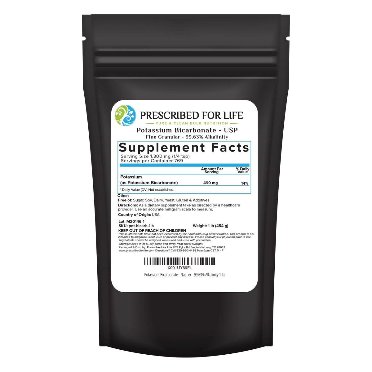 Prescribed For Life Potassium Bicarbonate Powder 454g front view