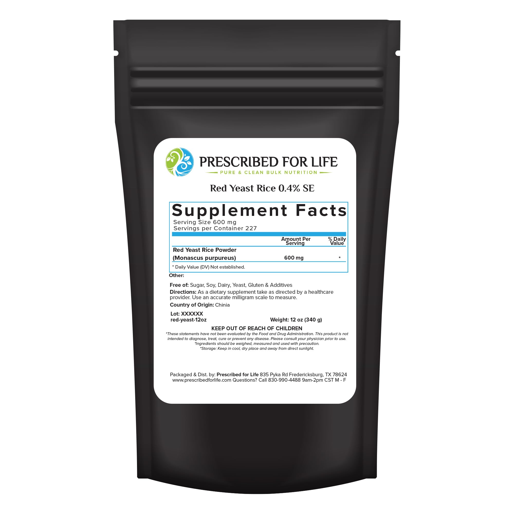 Prescribed For Life Red Yeast Rice Powder 340g front view with packaging