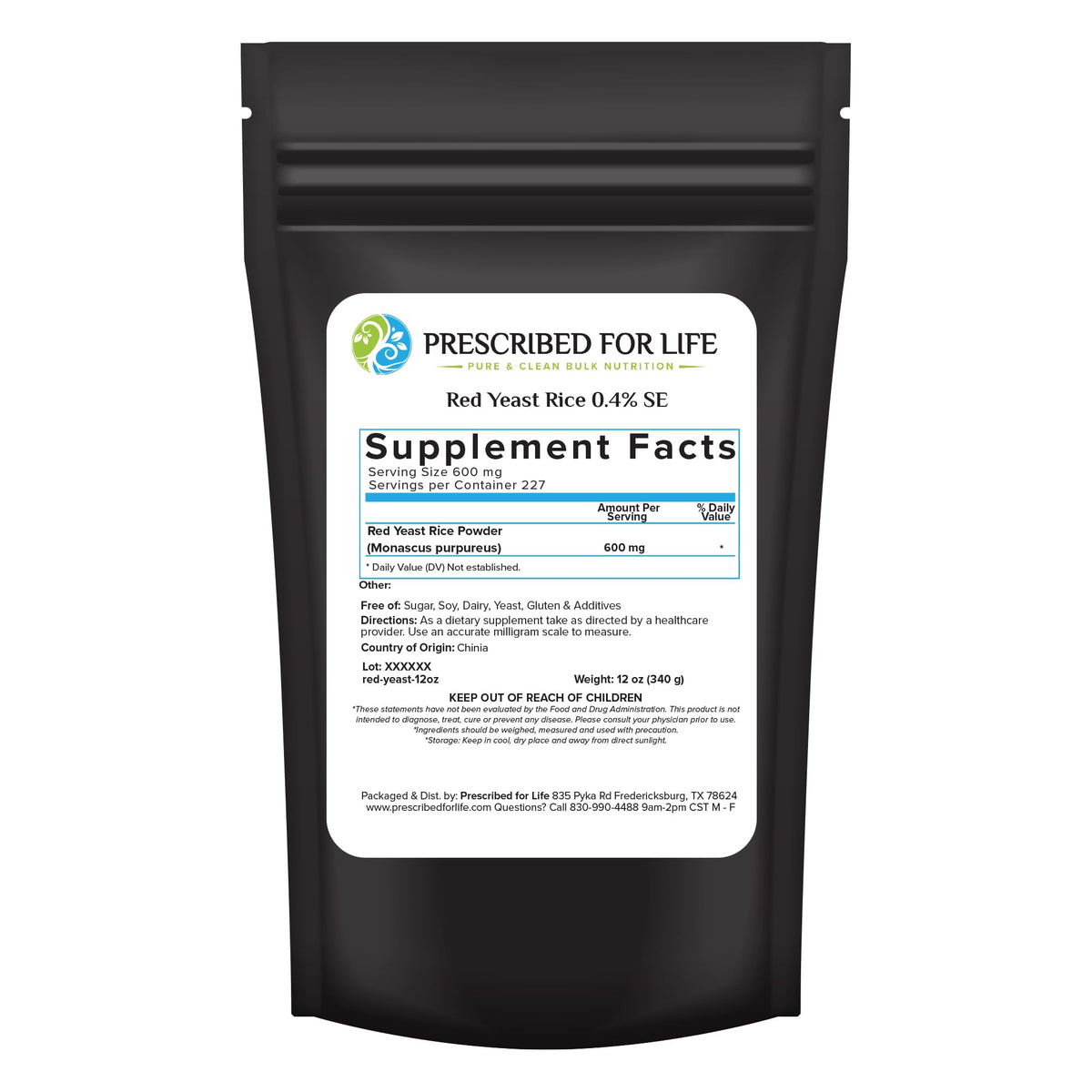 Prescribed For Life Red Yeast Rice Powder 340g front view with packaging