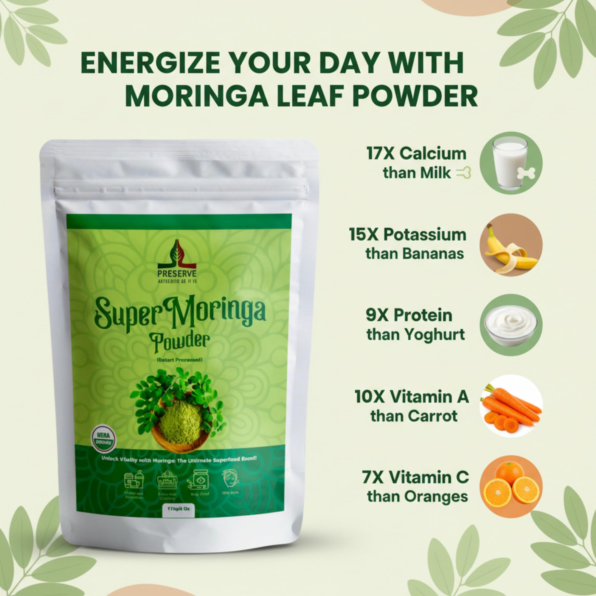 PRESERVE Moringa Powder 132g lifestyle shot with fresh ingredients