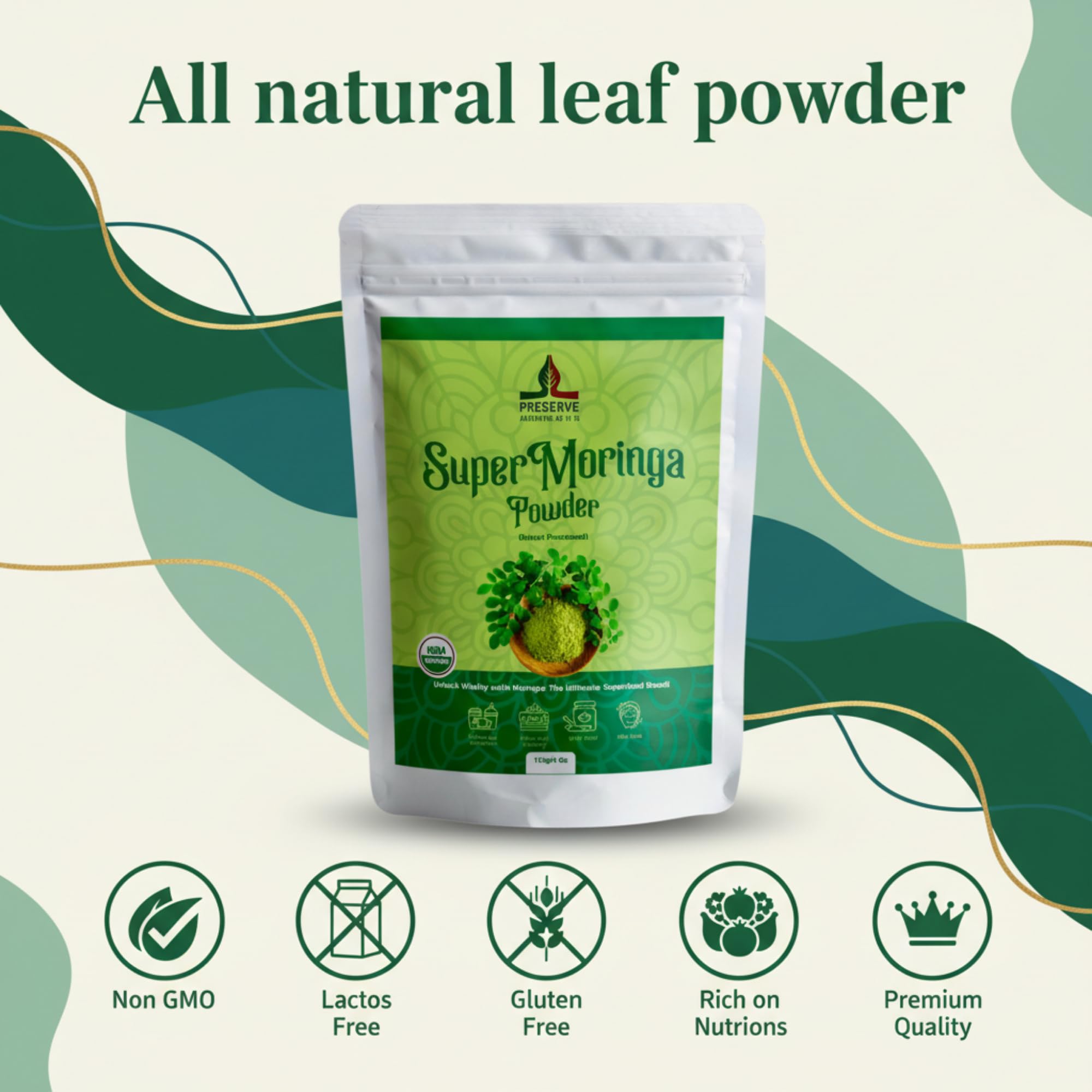 PRESERVE Moringa Powder 132g on a wooden table with a spoon