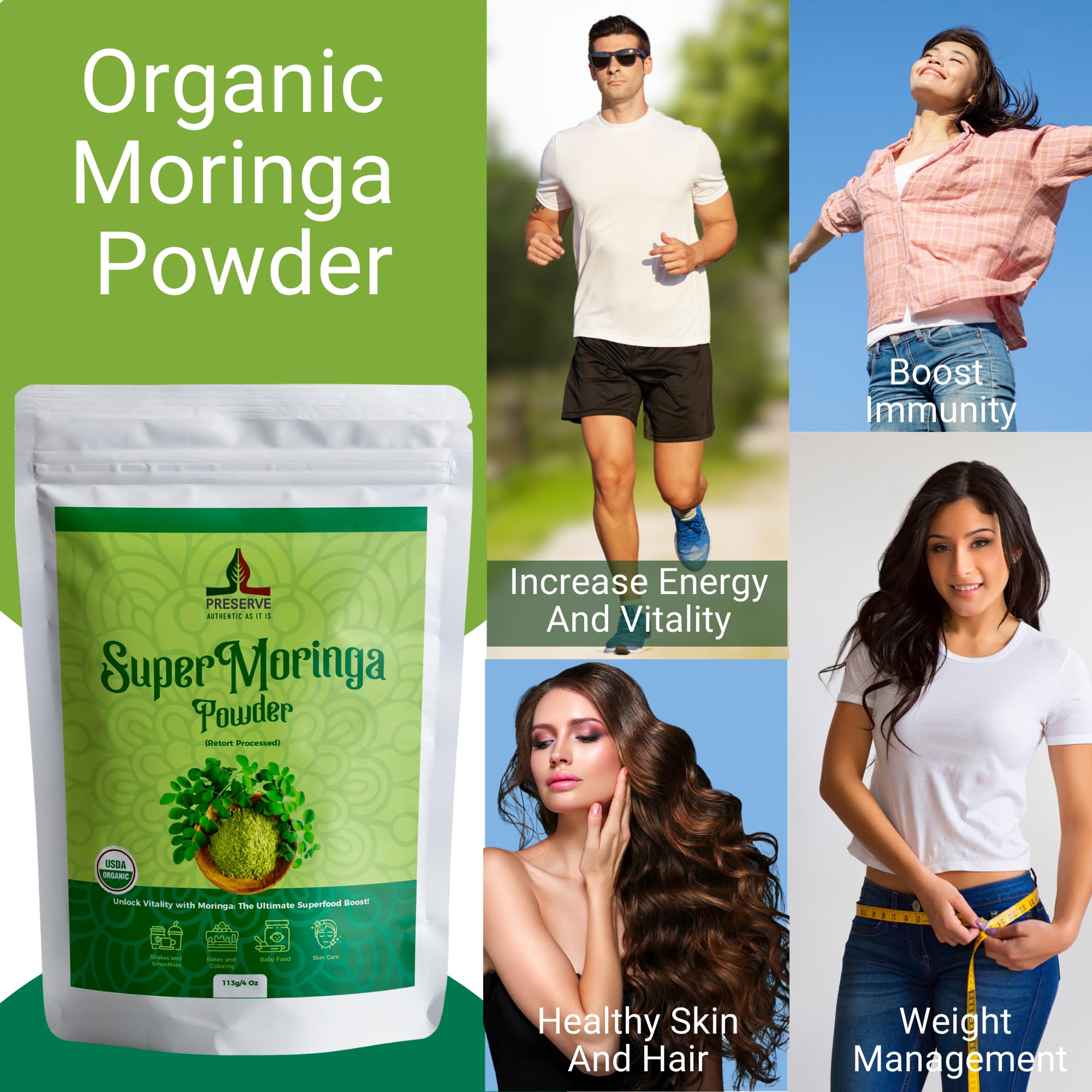 PRESERVE Moringa Powder 132g opened package showing powder
