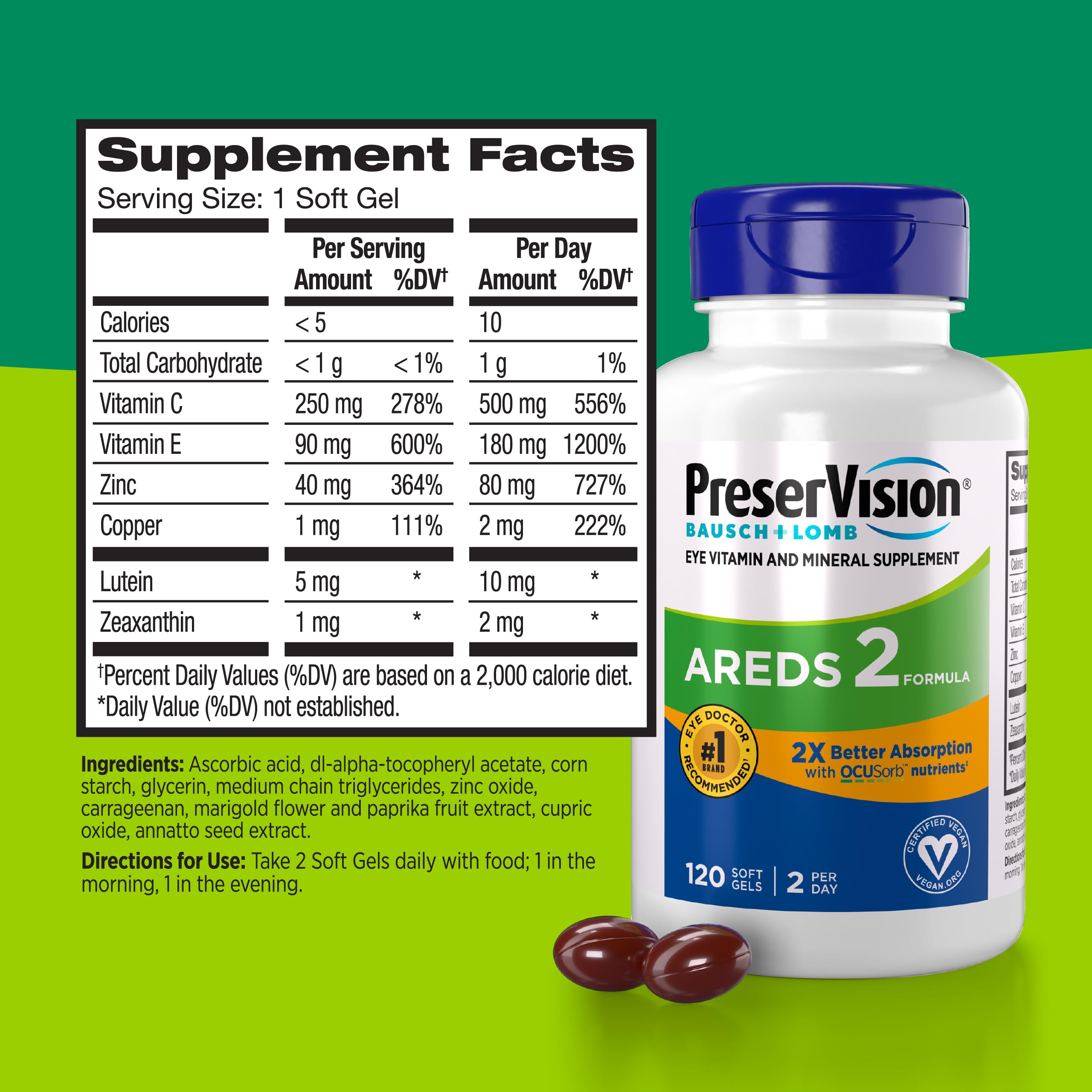 PreserVision AREDS 2 Eye Vitamin soft gels on a table