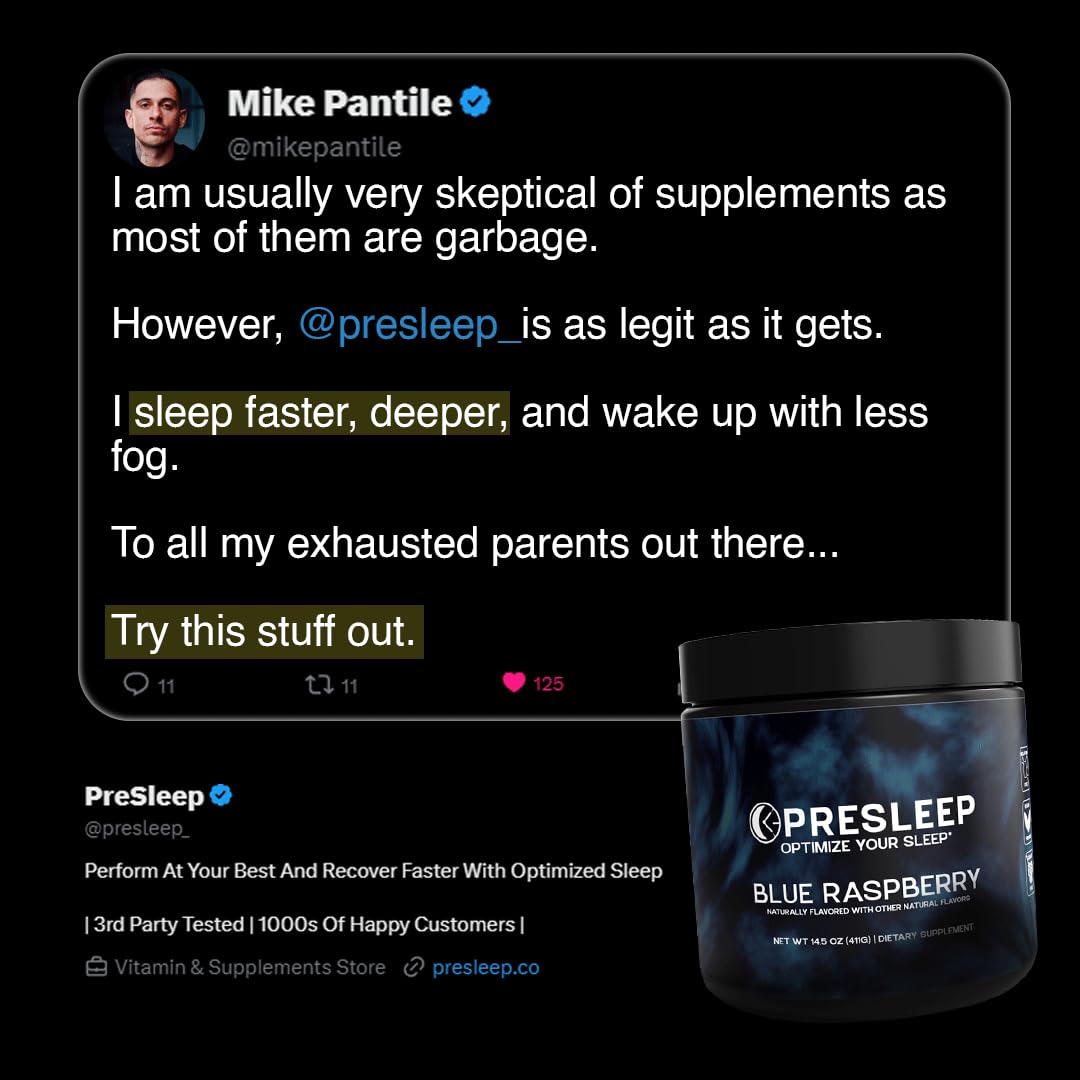 PreSleep Sleep Supplement Powder 411g lifestyle scene with a cozy bedroom
