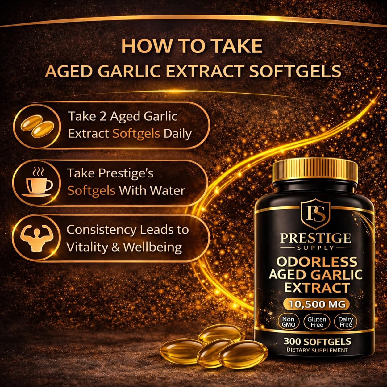 Prestige Supply Odorless Aged Garlic Extract 525mg capsules close-up