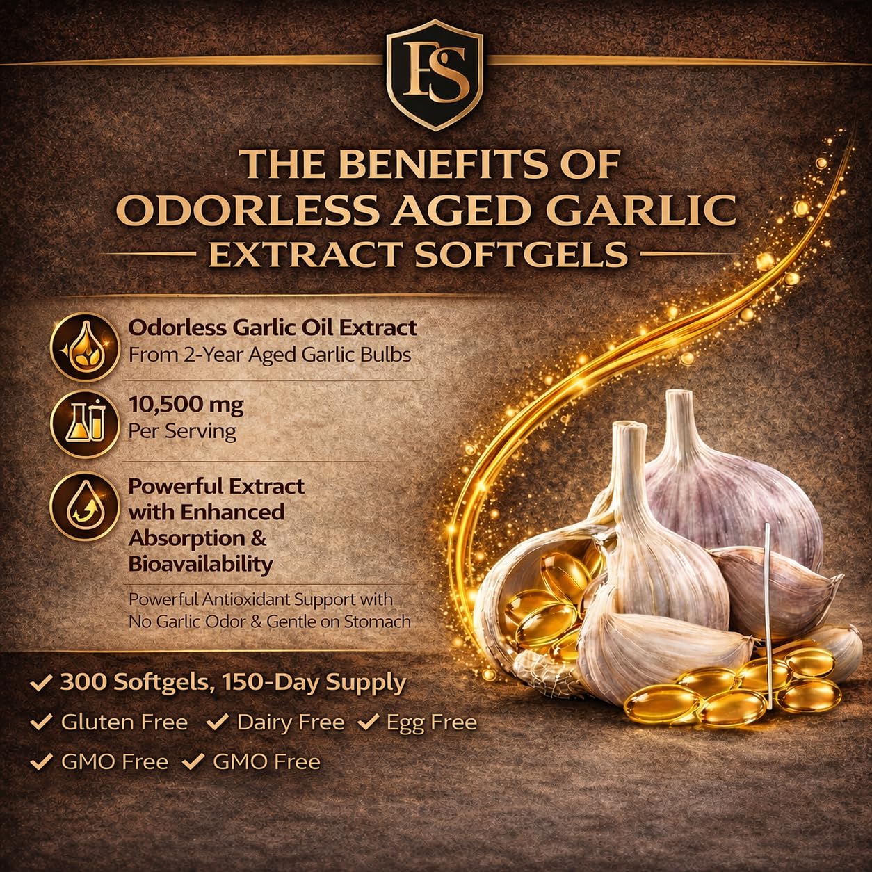 Prestige Supply Odorless Aged Garlic Extract 525mg capsules on a wooden table