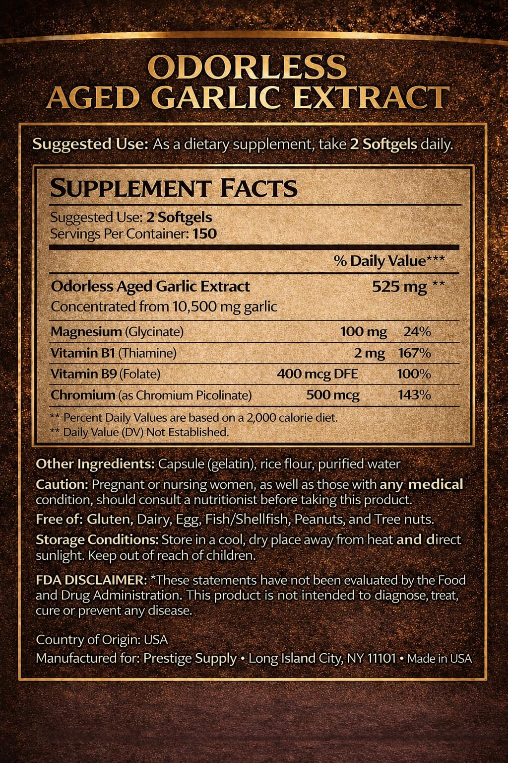 Prestige Supply Odorless Aged Garlic Extract 525mg capsules with a glass of water