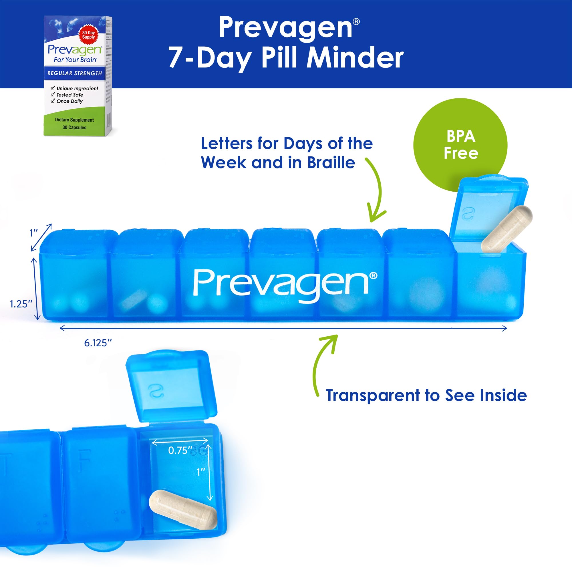 Prevagen Regular Strength bottle with 7-day pill minder
