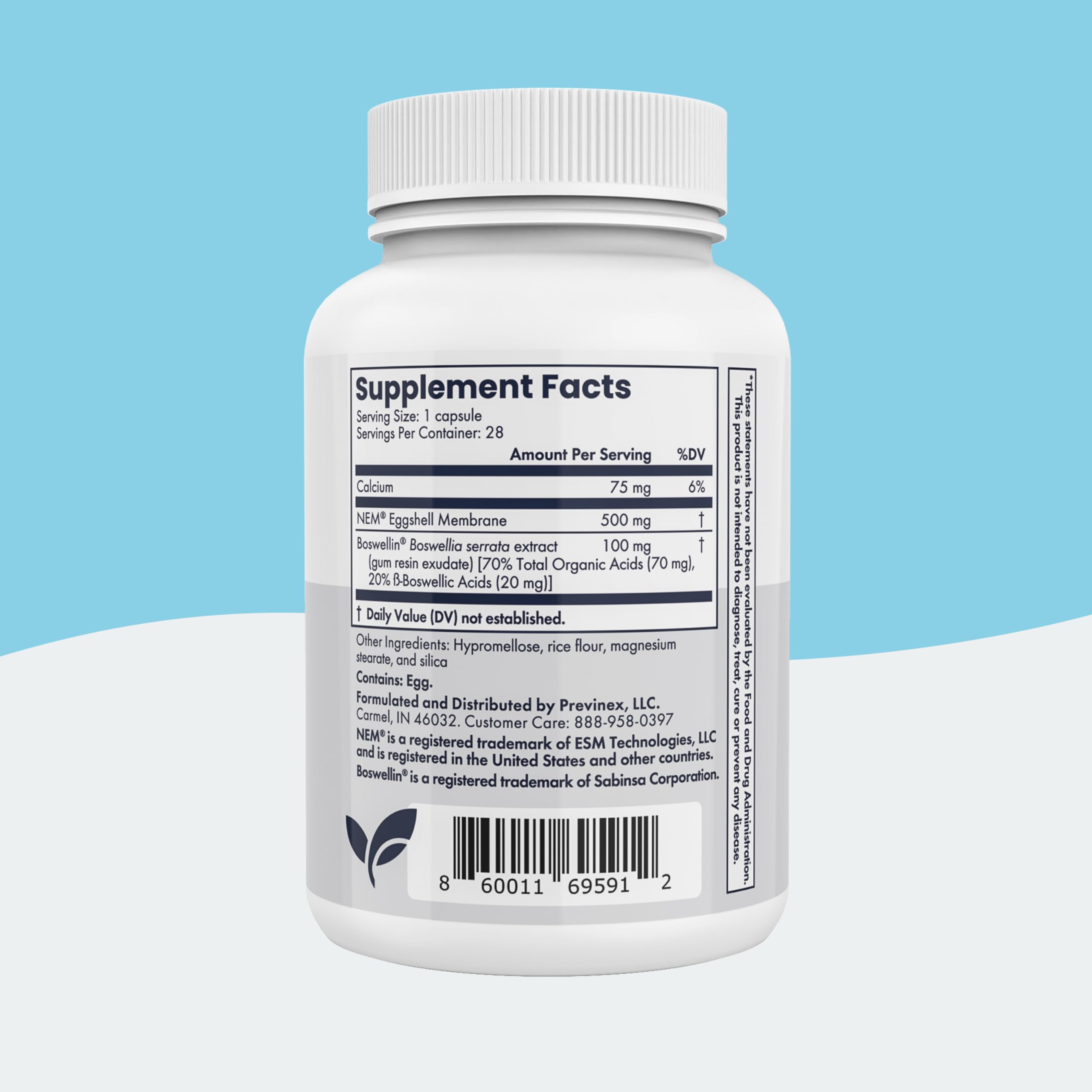 Previnex Joint Support Supplement back view packaging