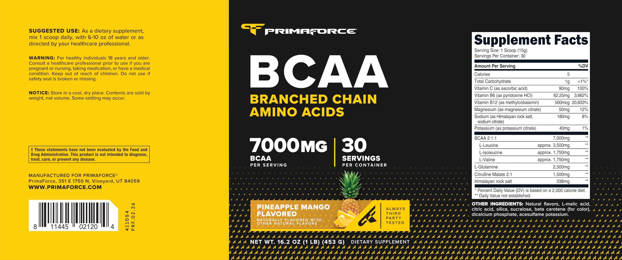 Primaforce BCAA Powder Pineapple Mango container with scoop