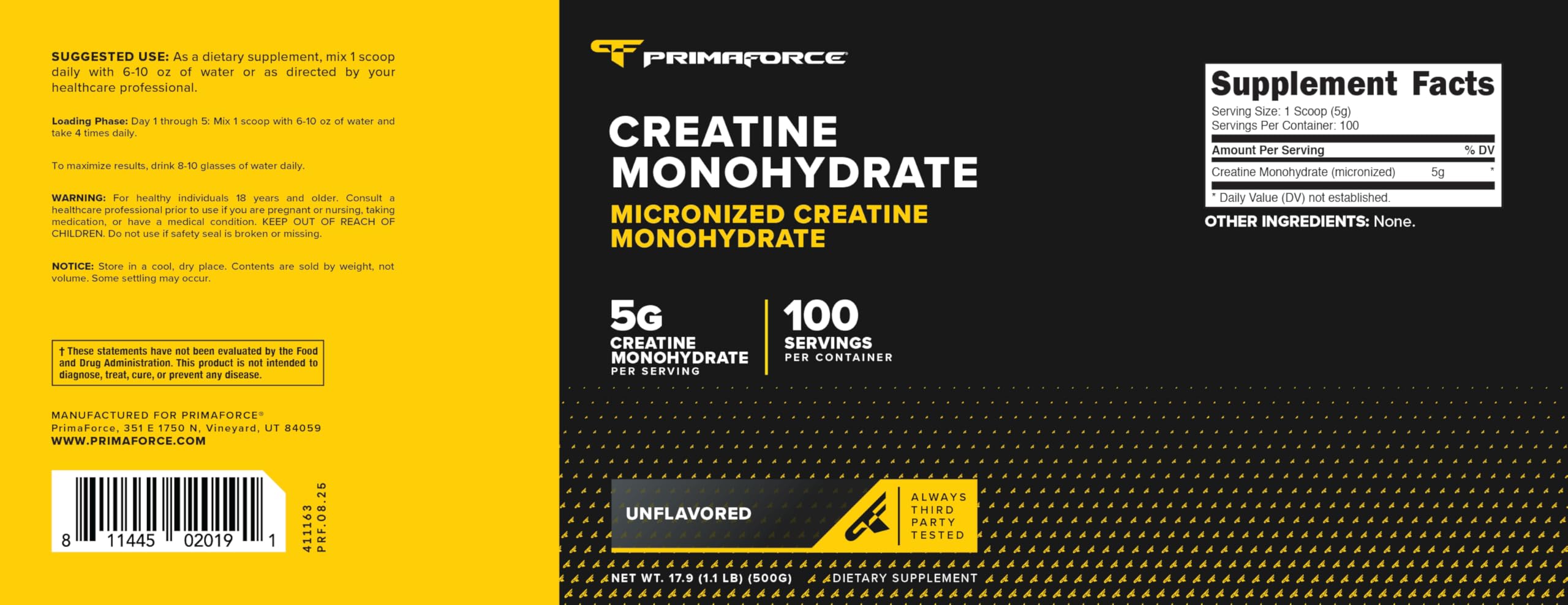 Primaforce Creatine Monohydrate 500g packaging