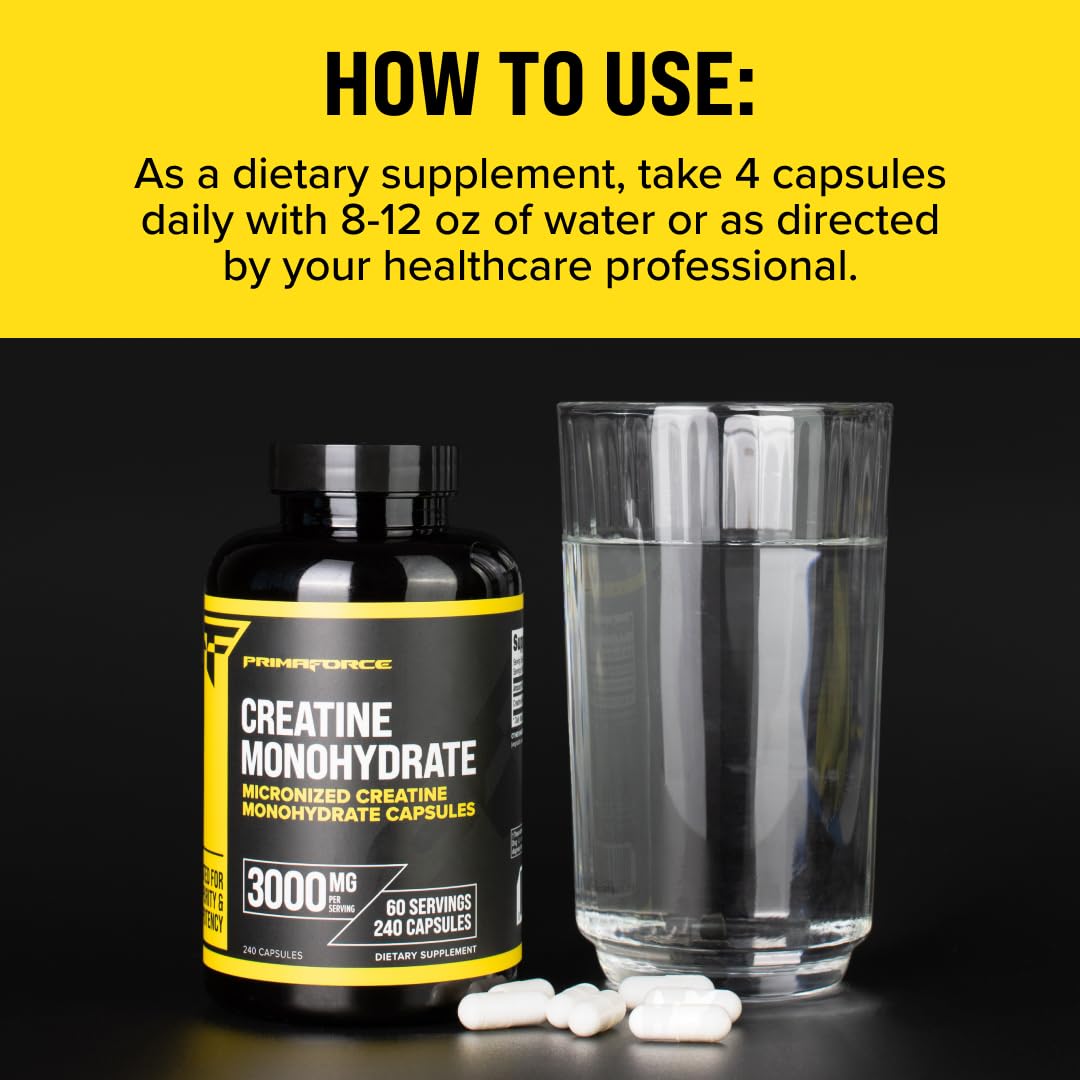 Primaforce Creatine Monohydrate Capsules with water glass