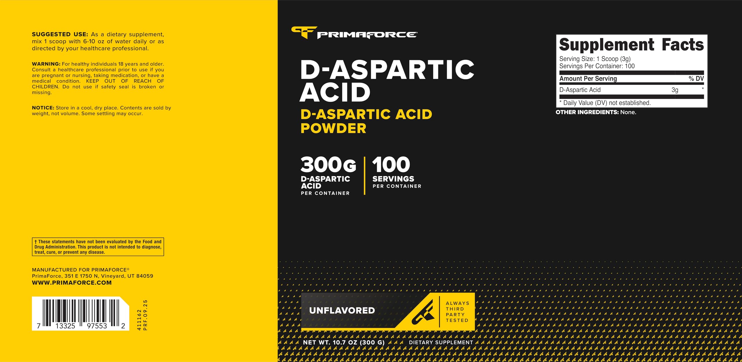 Primaforce D-Aspartic Acid 300g nutrition information
