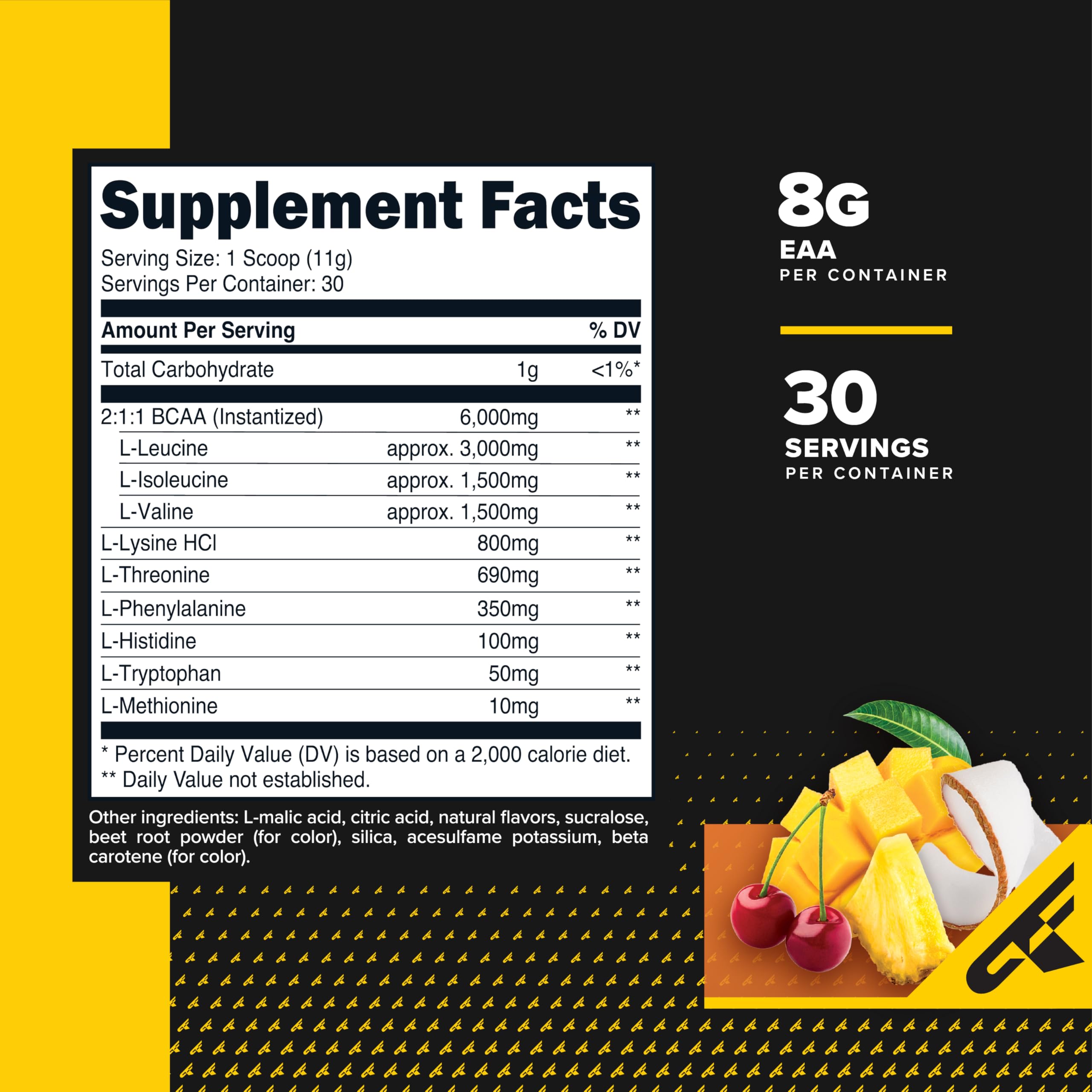 Primaforce EAA Powder Tropical Punch 399g back view with nutritional information