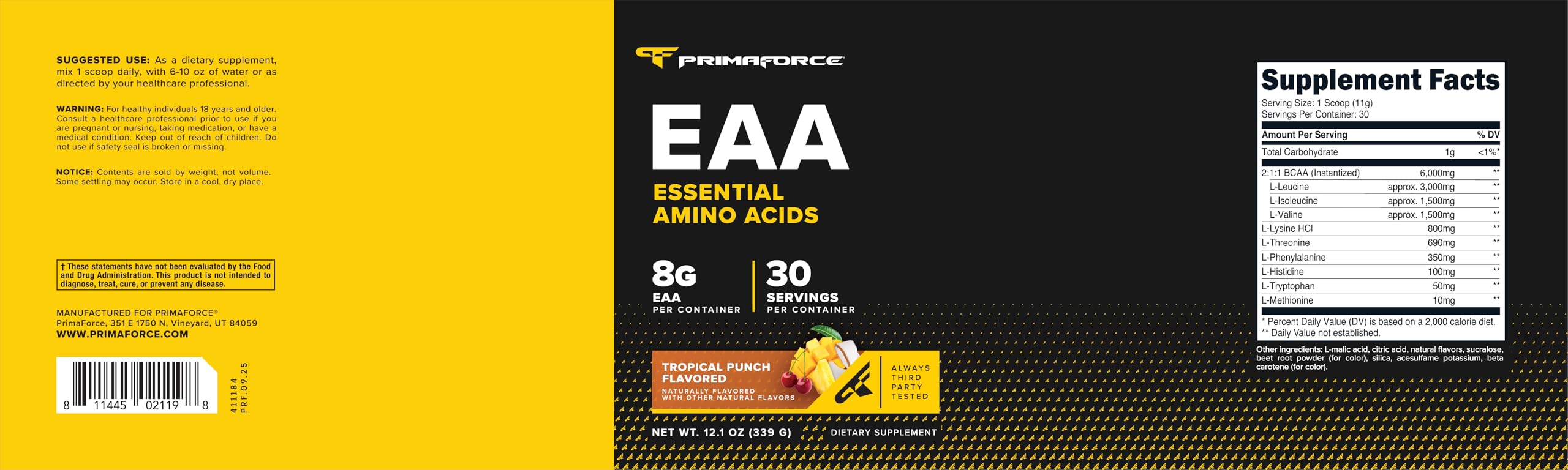 Primaforce EAA Powder Tropical Punch container with tropical background