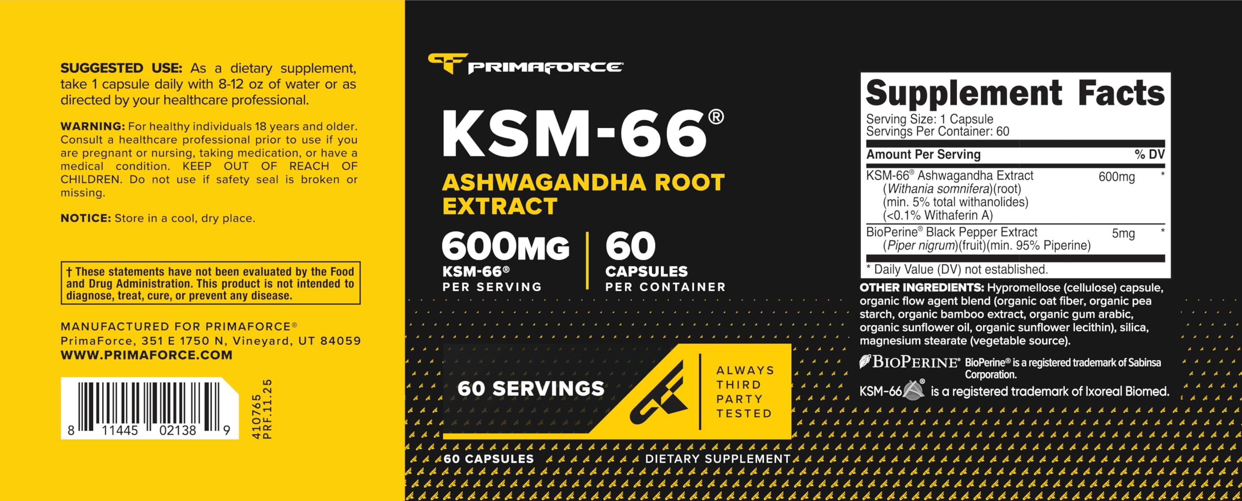 Primaforce KSM-66 Ashwagandha capsules with a measuring spoon for dosage
