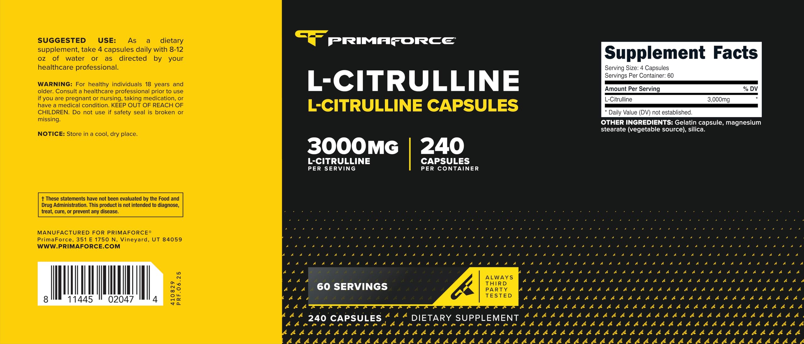 Primaforce L-Citrulline capsules on a wooden surface