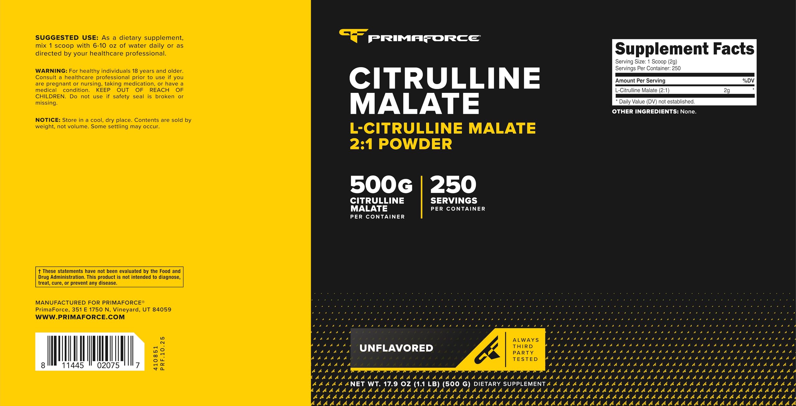 Primaforce L-Citrulline Malate 500g Powder packaging details