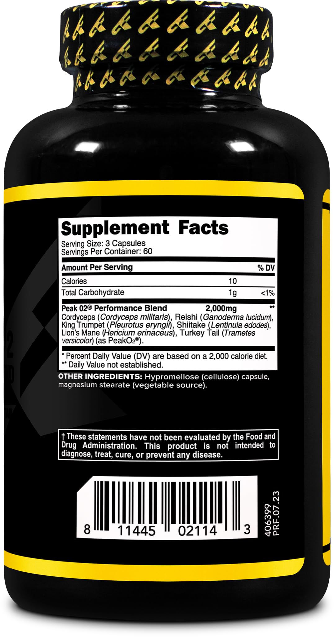 Primaforce Peak O2 Mushroom Supplement back view with ingredient list